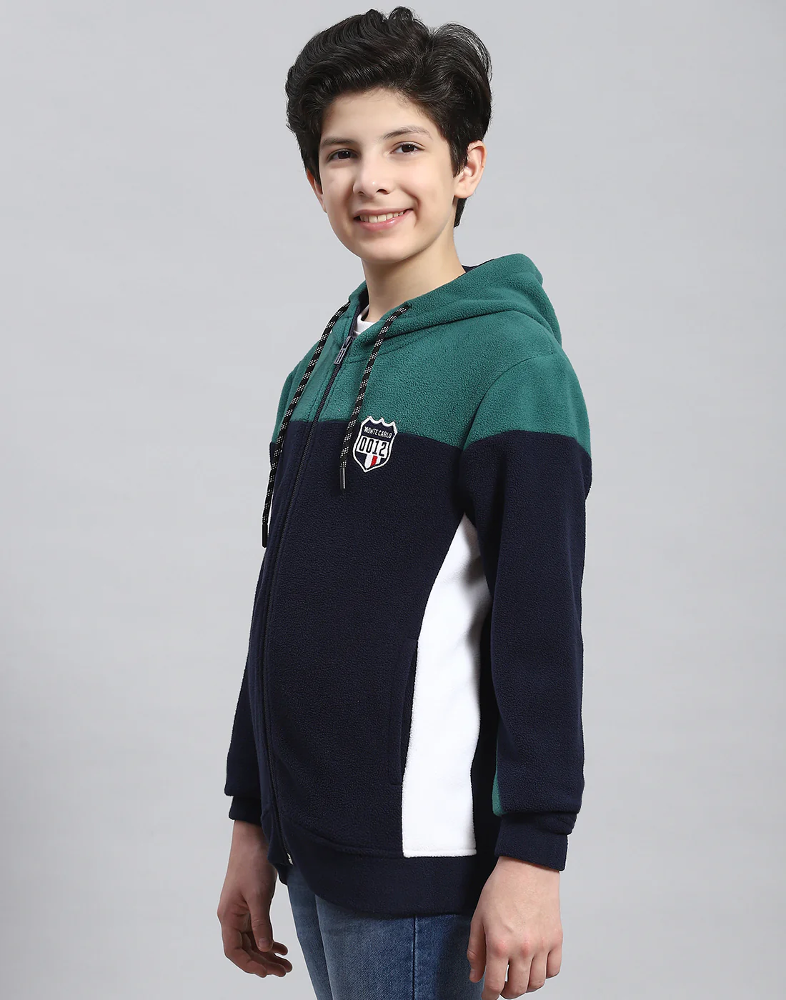 Boys Teal Blue Solid Hooded Full Sleeve Sweatshirt - Image 3