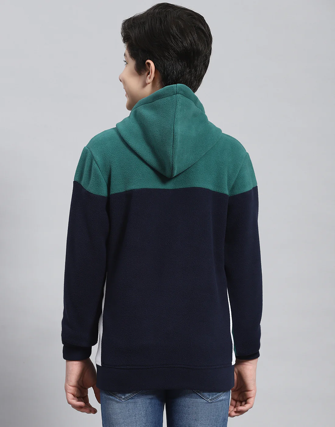 Boys Teal Blue Solid Hooded Full Sleeve Sweatshirt - Image 5