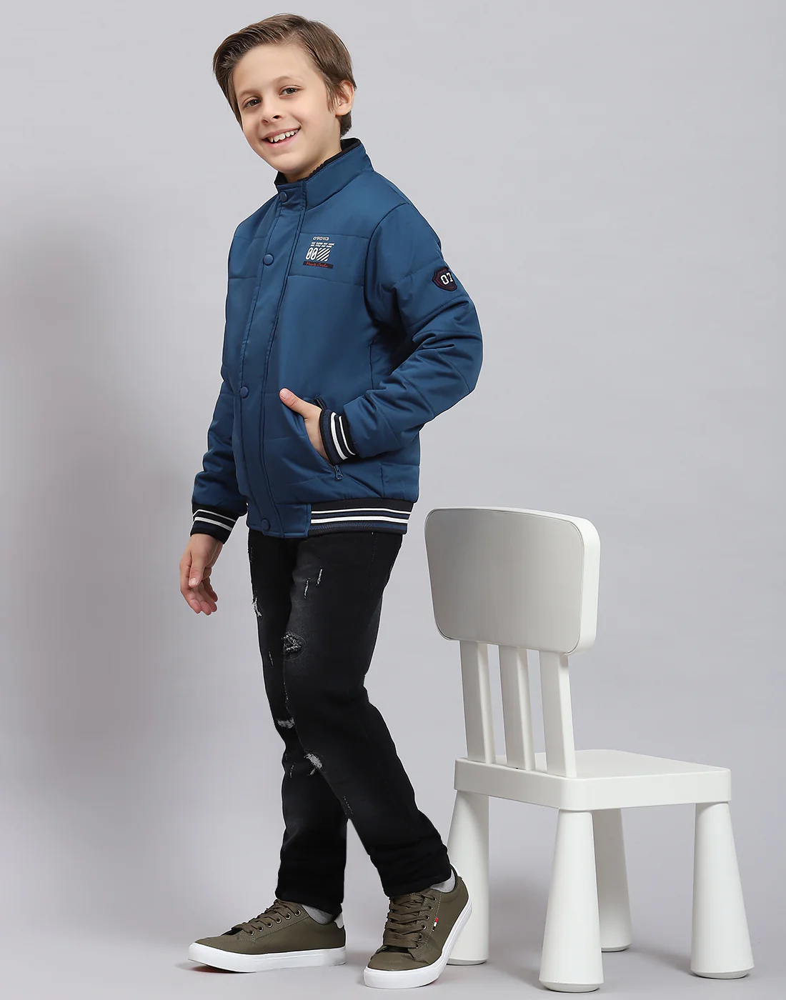 Boys Teal Blue Solid Stand Collar Full Sleeve Boys Jacket - Image 2