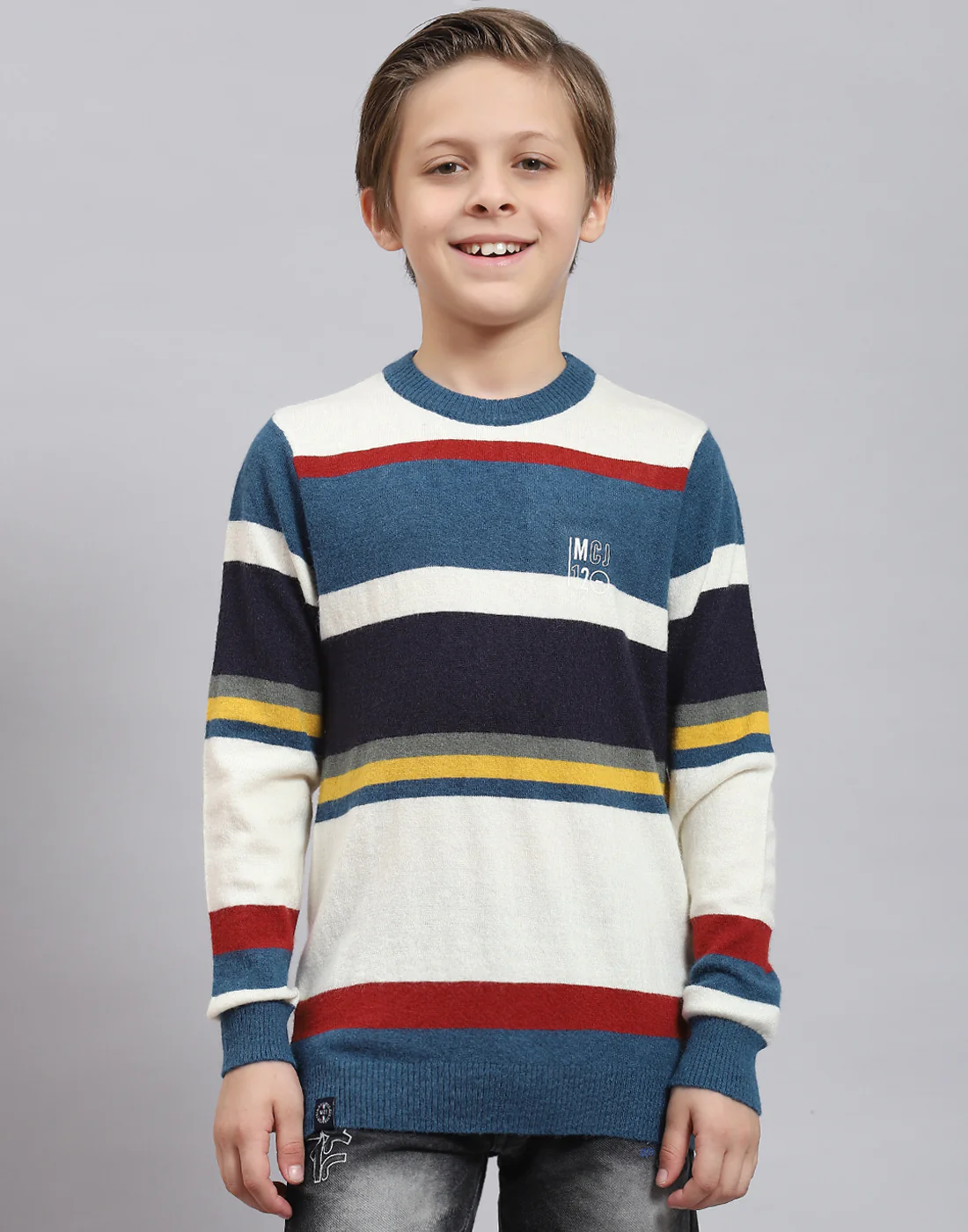Boys Teal Blue Stripe Round Neck Full Sleeve Sweater - Image 2