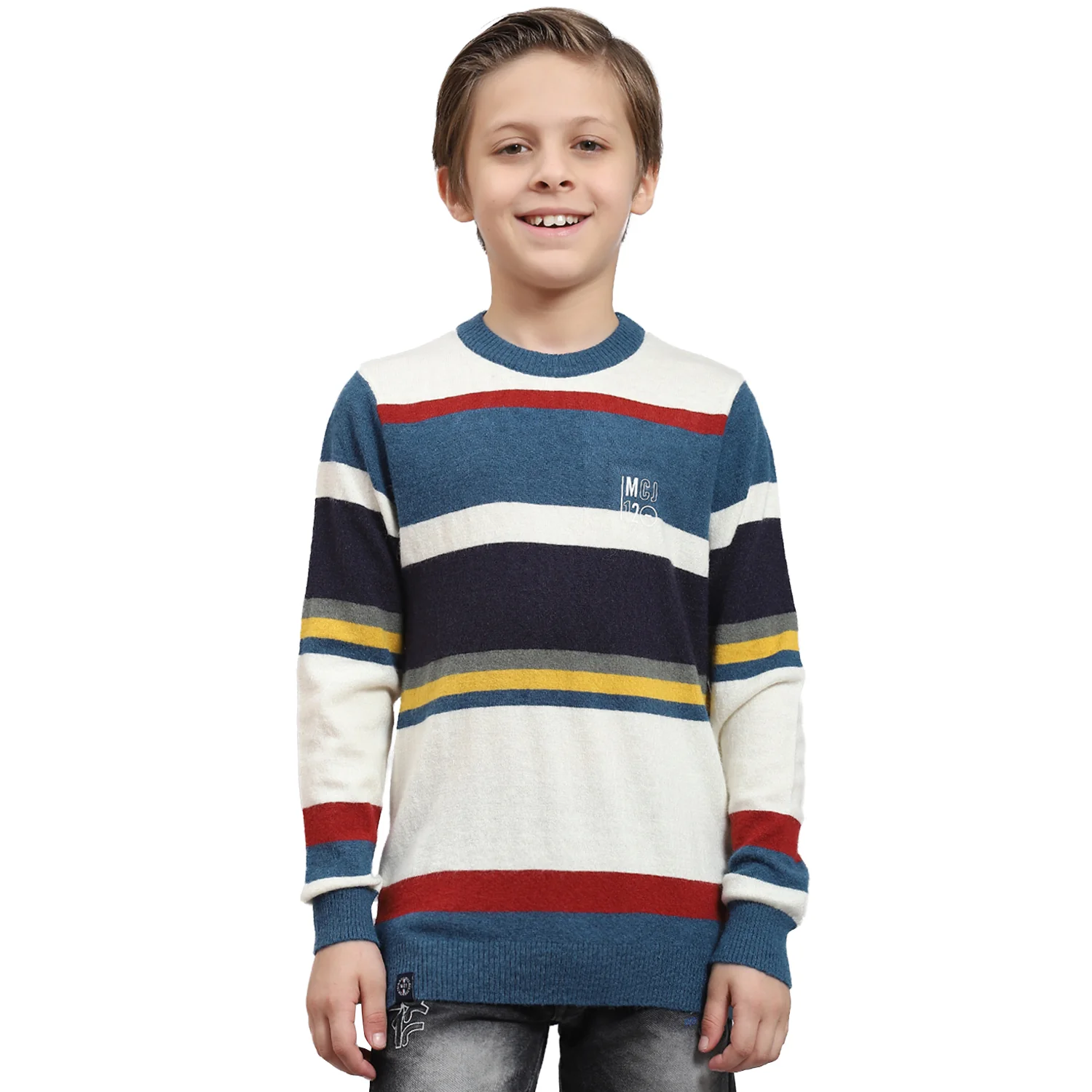 Boys Teal Blue Stripe Round Neck Full Sleeve Sweater - Image 5