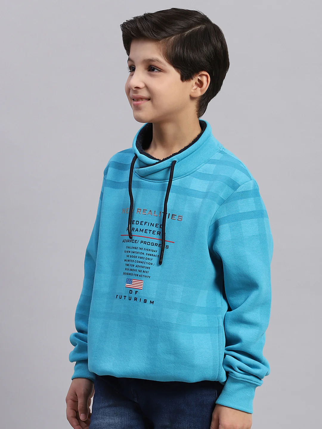 Boys Turquoise Blue Printed F Neck Full Sleeve Sweatshirt - Image 3