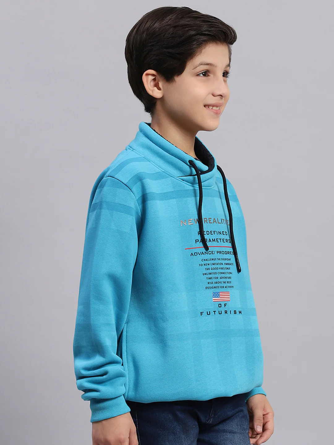 Boys Turquoise Blue Printed F Neck Full Sleeve Sweatshirt - Image 4