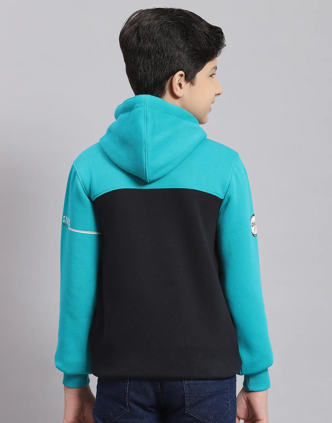 Boys Turquoise Blue Printed Hooded Full Sleeve Sweatshirt - Image 5