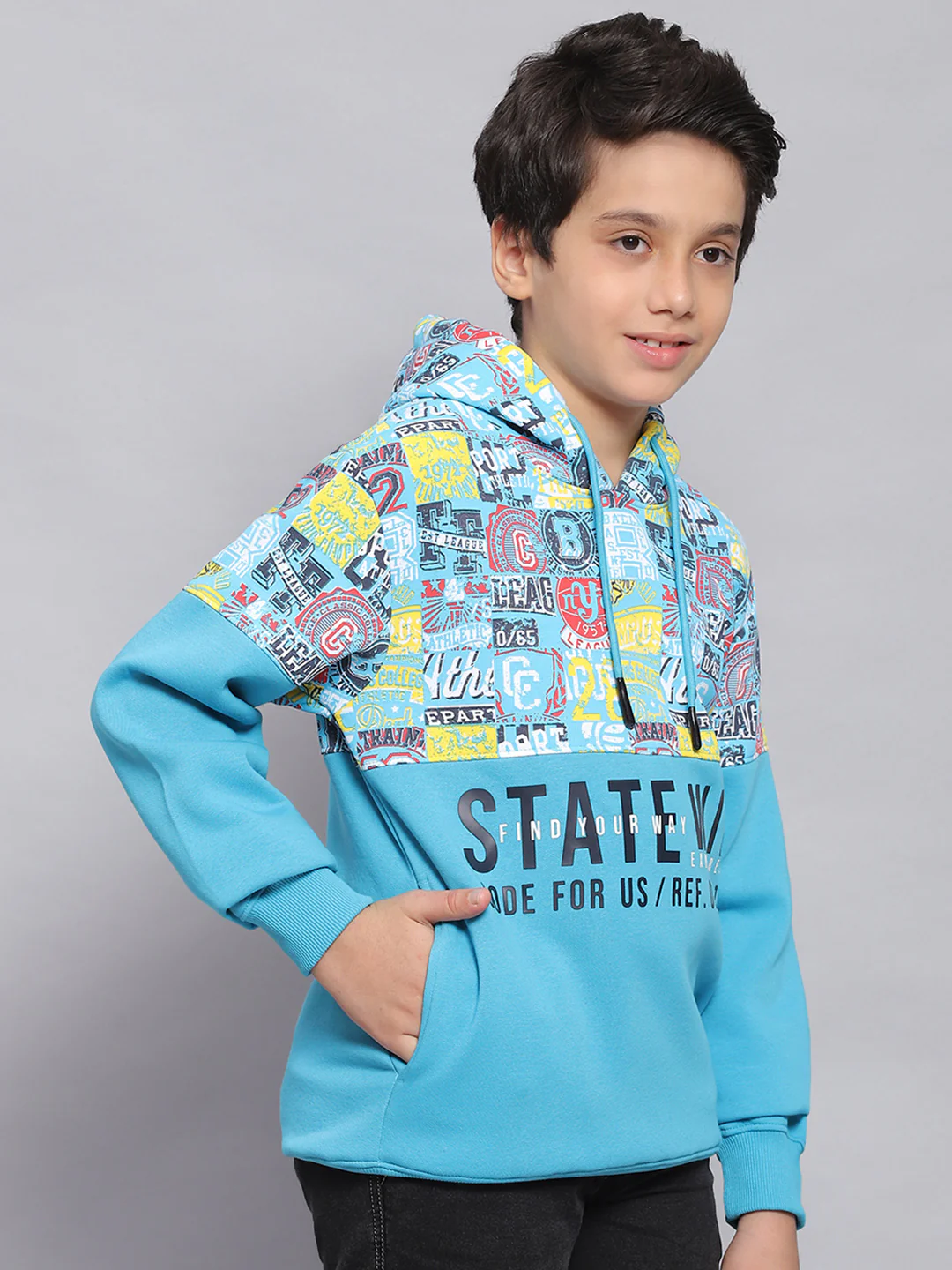 Boys Turquoise Blue Printed Hooded Full Sleeve Sweatshirt - Image 4