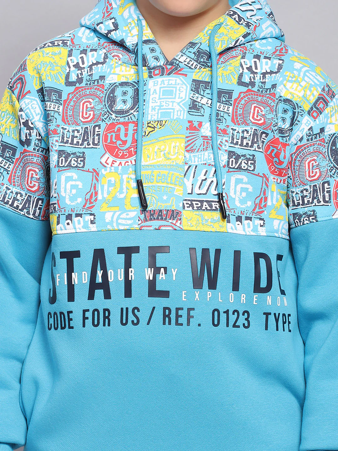 Boys Turquoise Blue Printed Hooded Full Sleeve Sweatshirt - Image 7