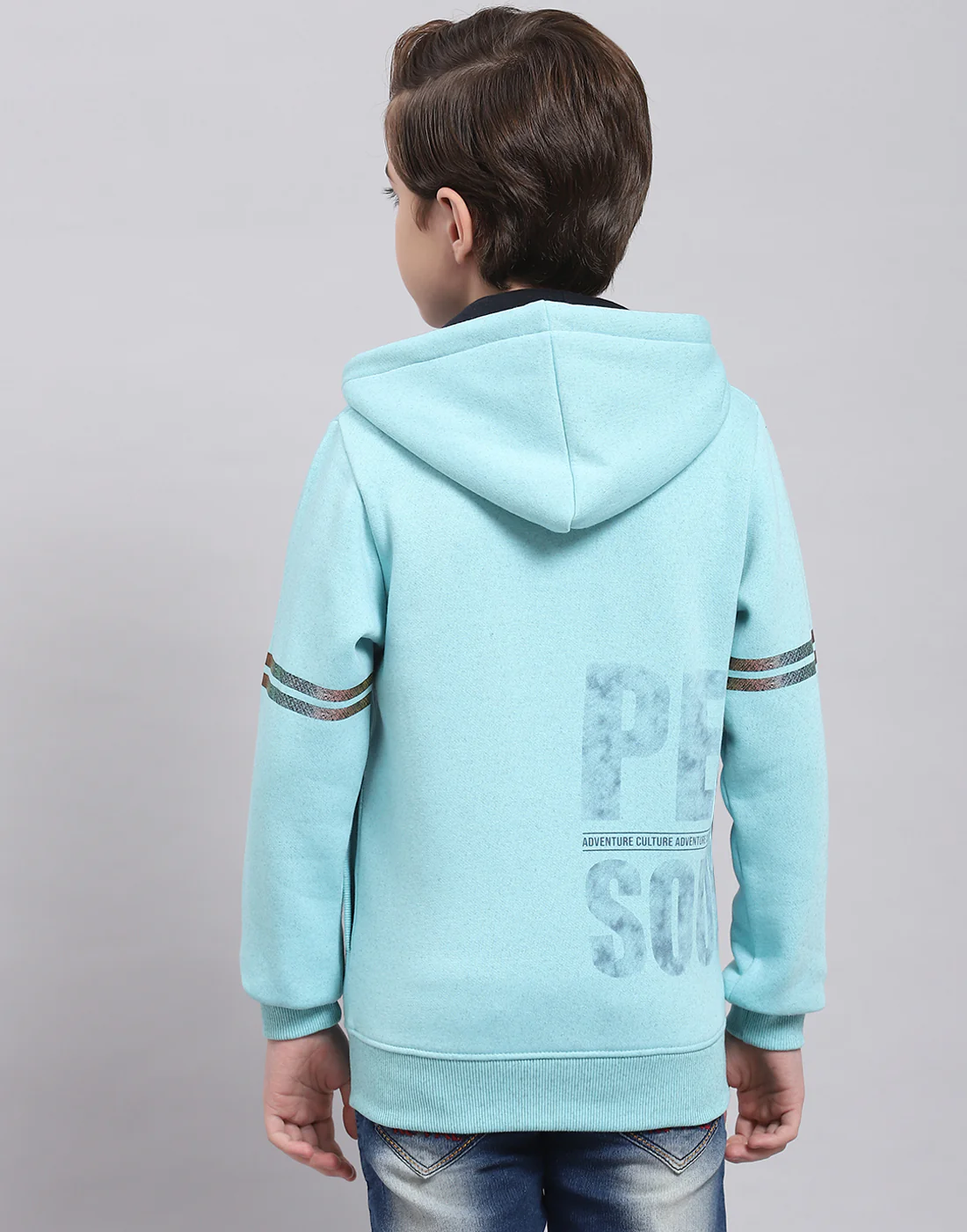 Boys Turquoise Blue Printed Hooded Full Sleeve Sweatshirt - Image 6