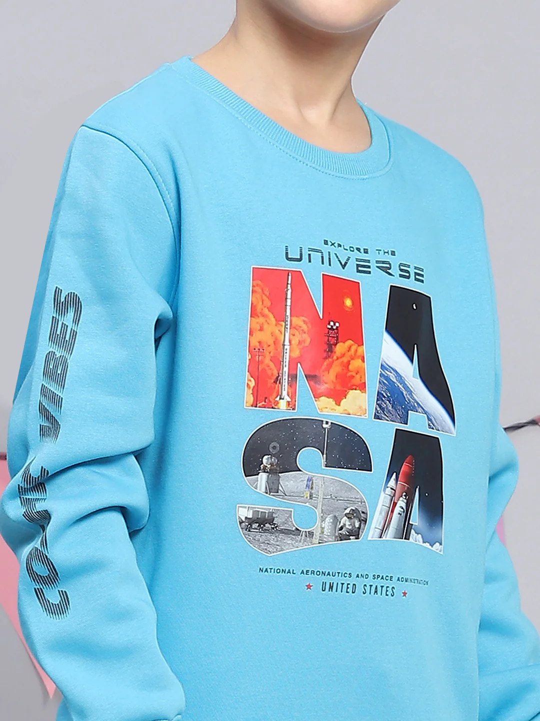 Boys Turquoise Blue Printed Round Neck Full Sleeve Sweatshirt - Image 6