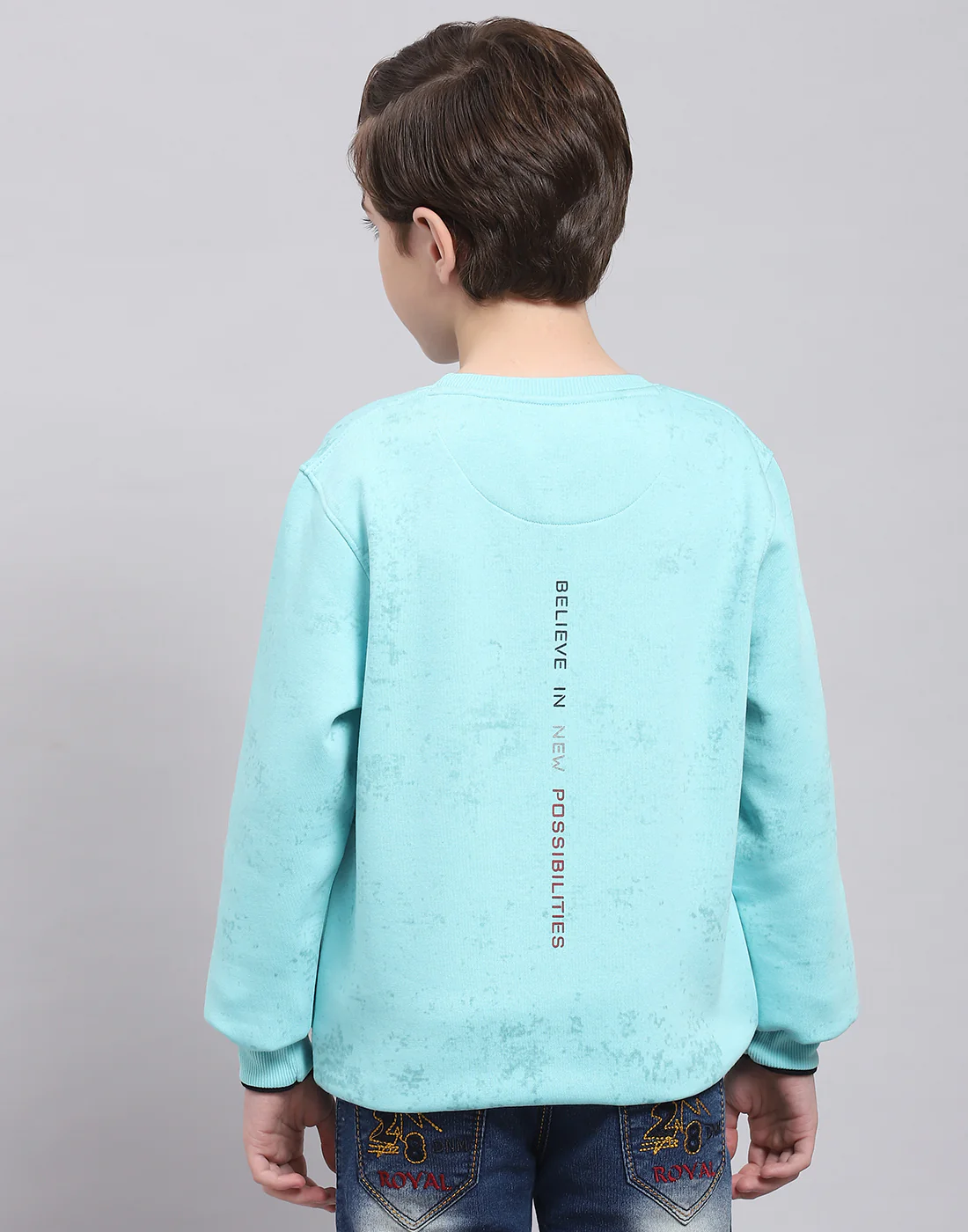 Boys Turquoise Blue Printed Round Neck Full Sleeve Sweatshirt - Image 6