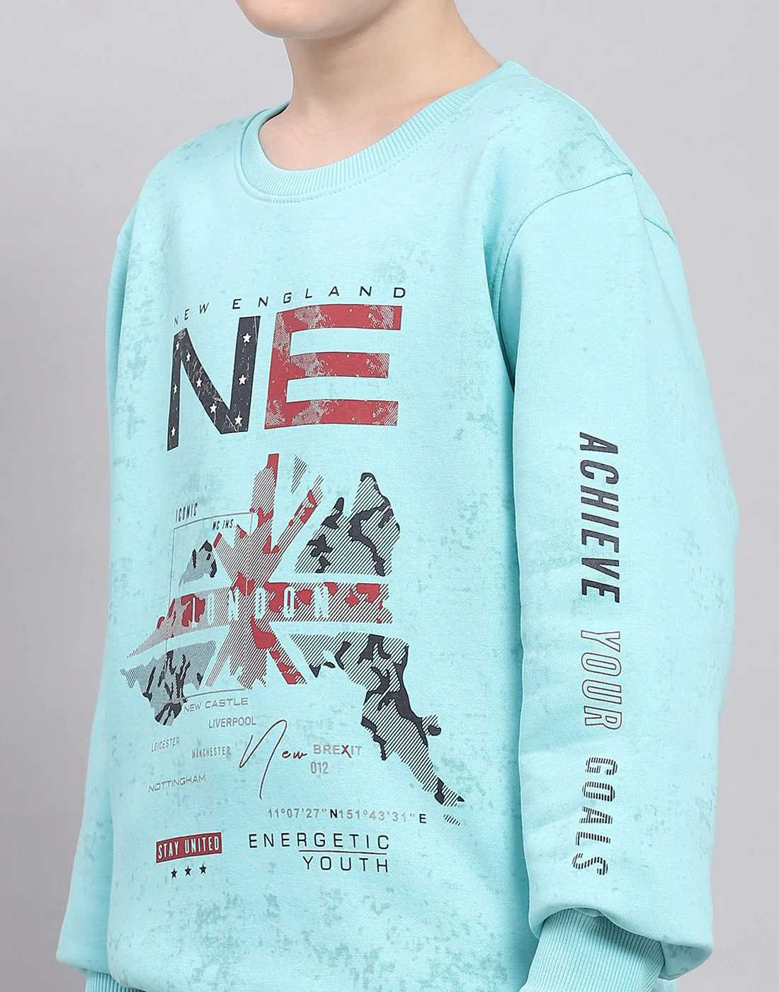 Boys Turquoise Blue Printed Round Neck Full Sleeve Sweatshirt - Image 7