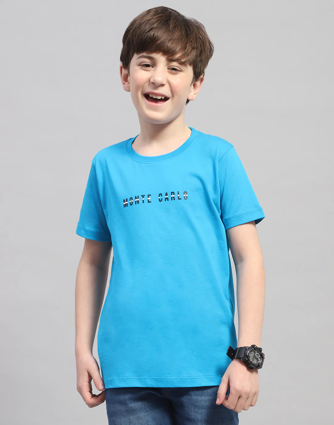 Boys Turquoise Blue Printed Round Neck Half Sleeve T-Shirt - Image 2