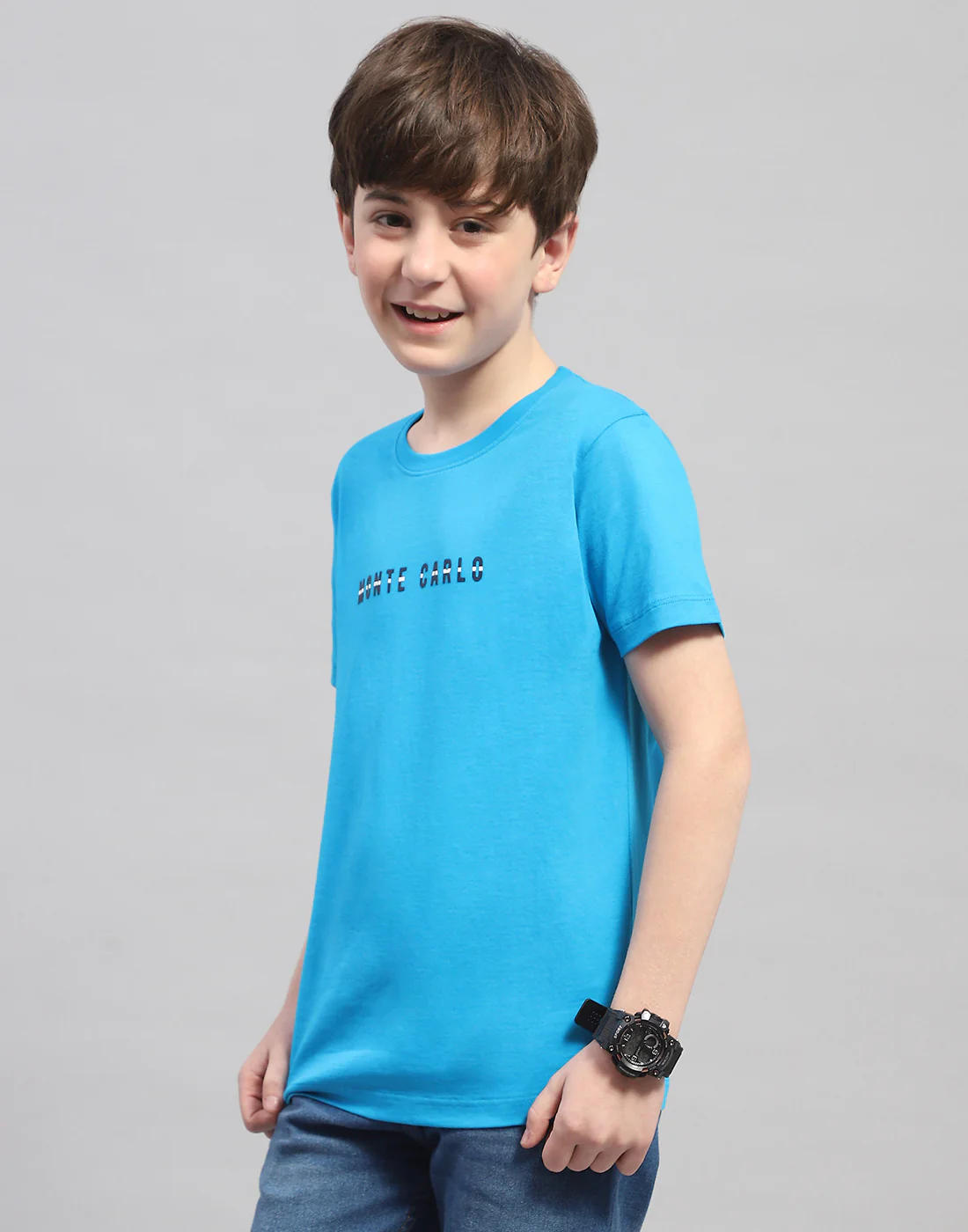 Boys Turquoise Blue Printed Round Neck Half Sleeve T-Shirt - Image 3
