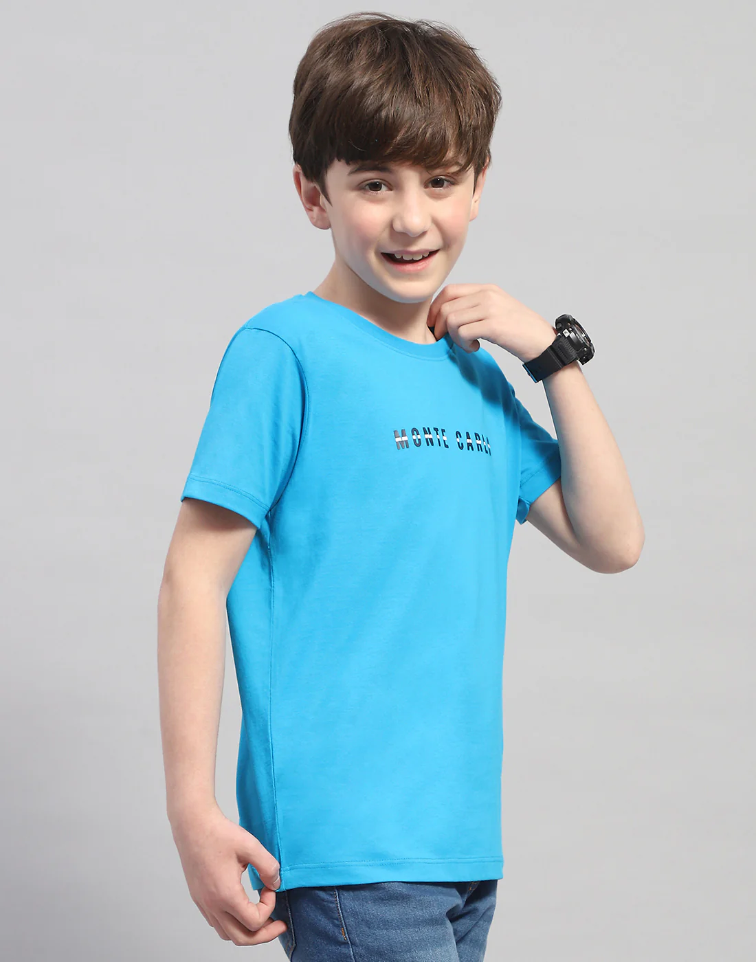 Boys Turquoise Blue Printed Round Neck Half Sleeve T-Shirt - Image 4