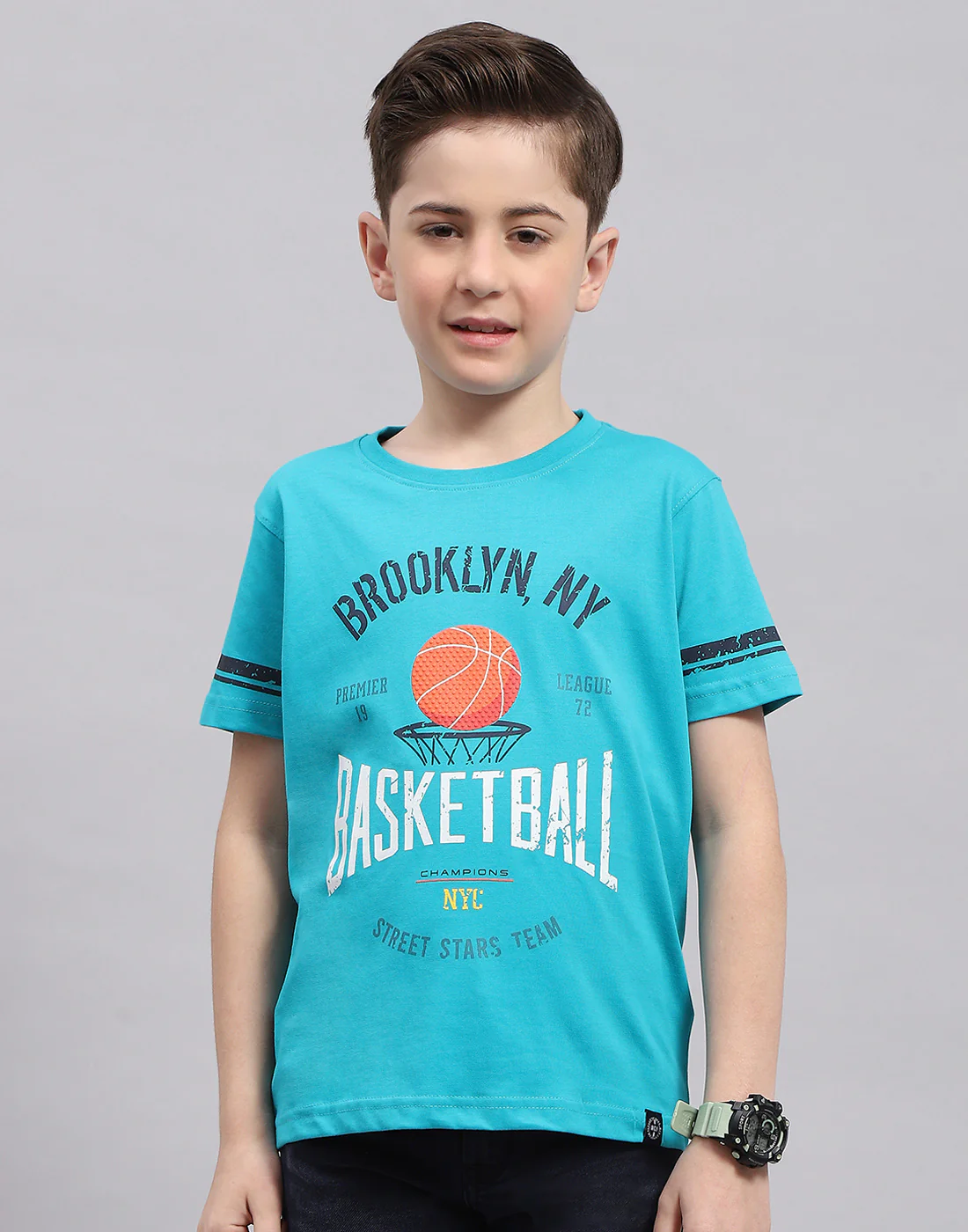 Boys Turquoise Blue Printed Round Neck Half Sleeve T-Shirt - Image 2
