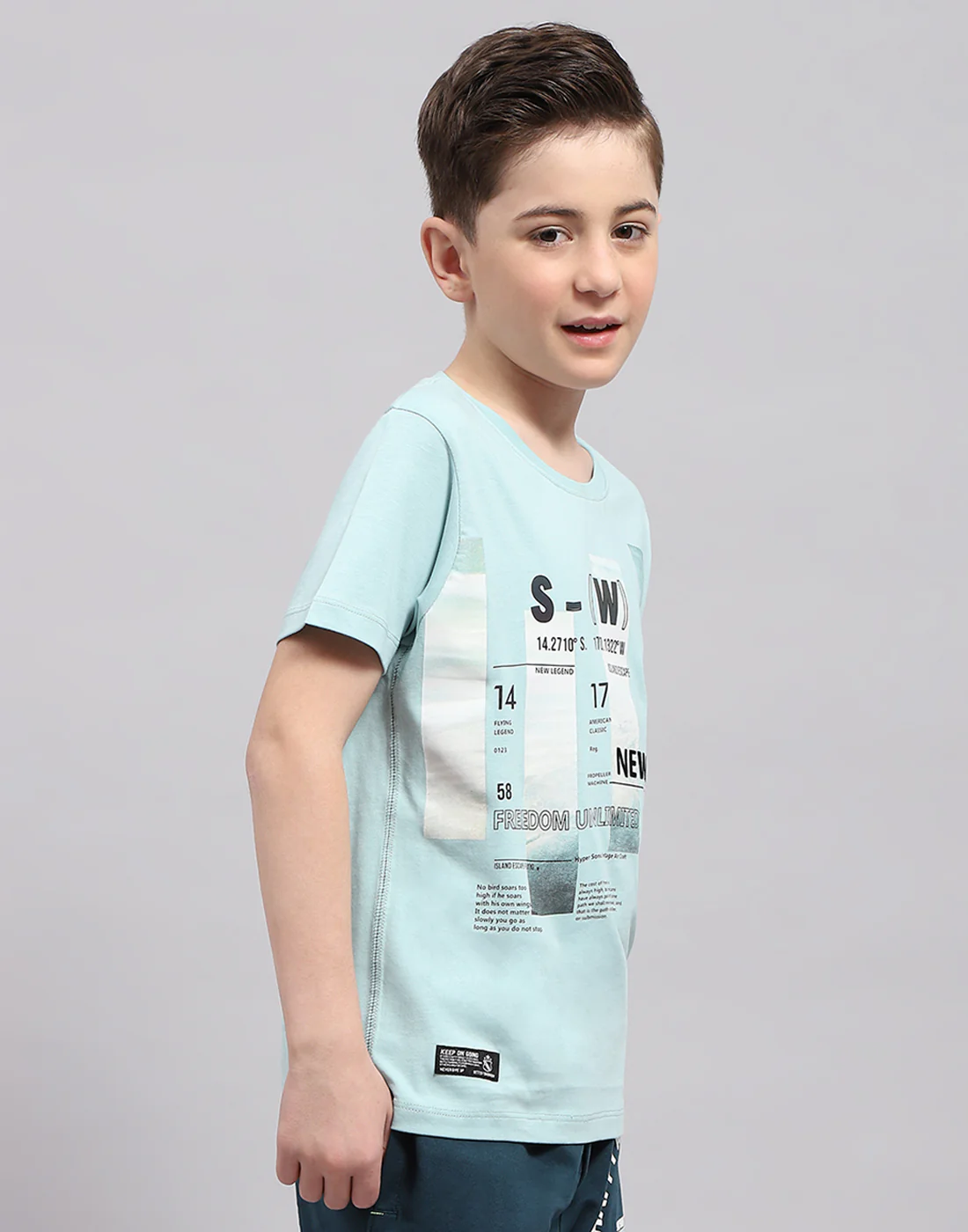 Boys Turquoise Blue Printed Round Neck Half Sleeve T-Shirt - Image 4
