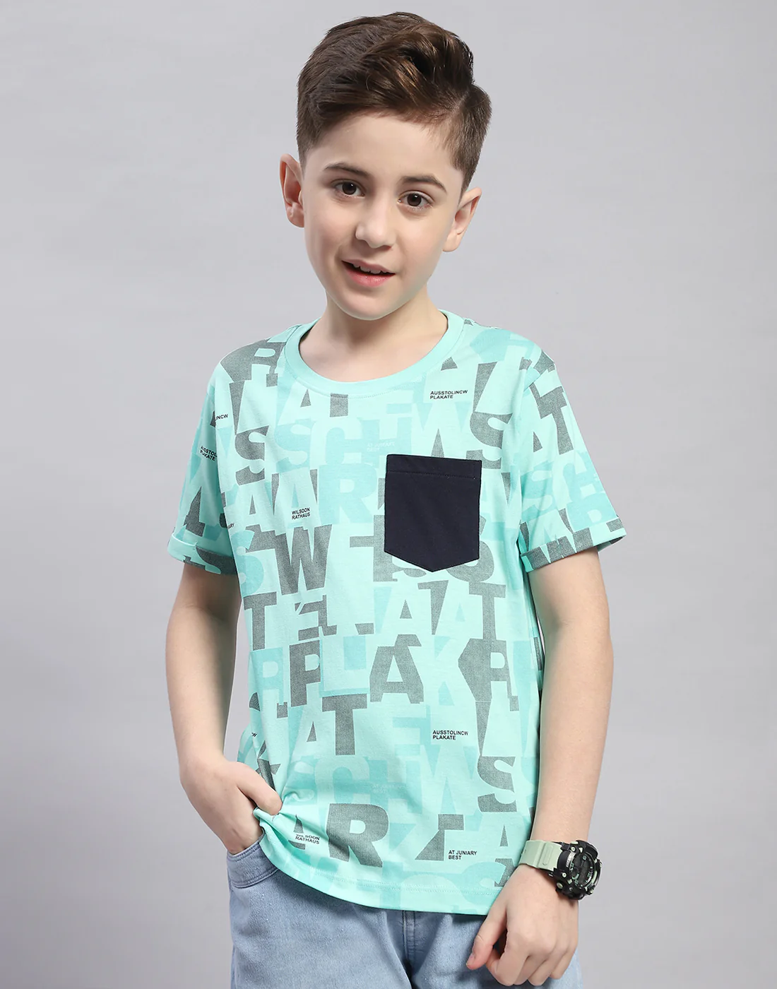 Boys Turquoise Blue Printed Round Neck Half Sleeve T-Shirt - Image 2