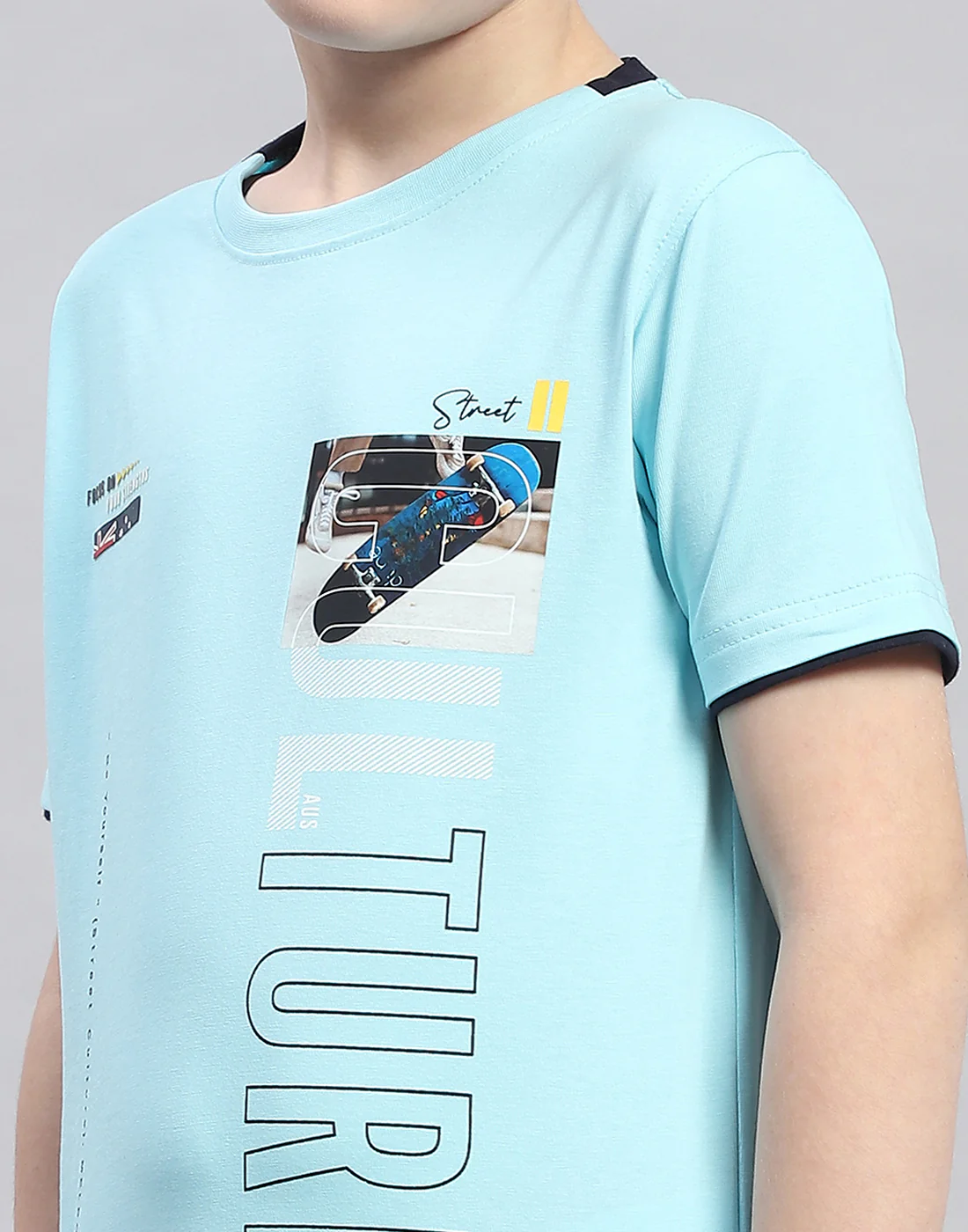 Boys Turquoise Blue Printed Round Neck Half Sleeve T-Shirt - Image 7