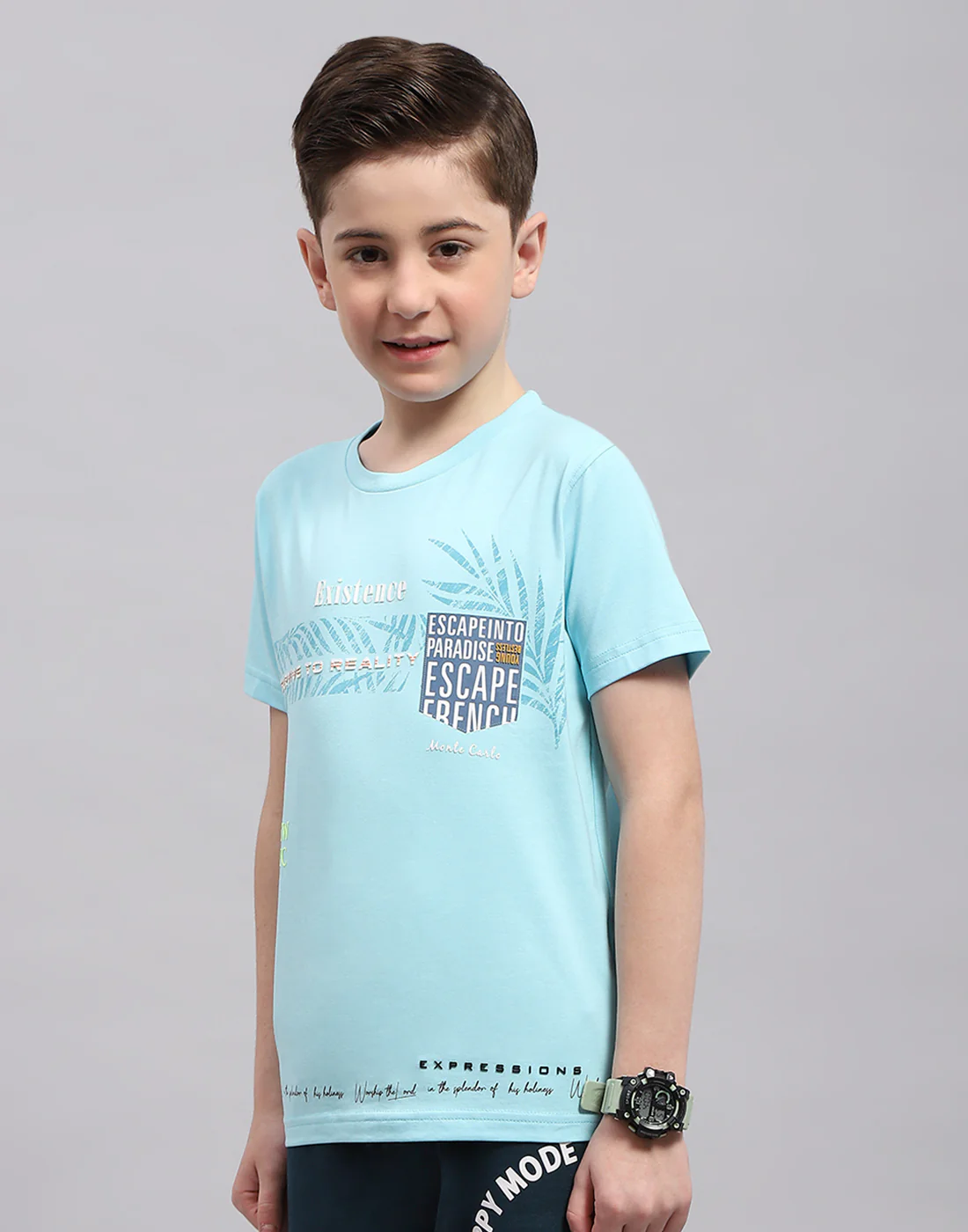 Boys Turquoise Blue Printed Round Neck Half Sleeve T-Shirt - Image 3