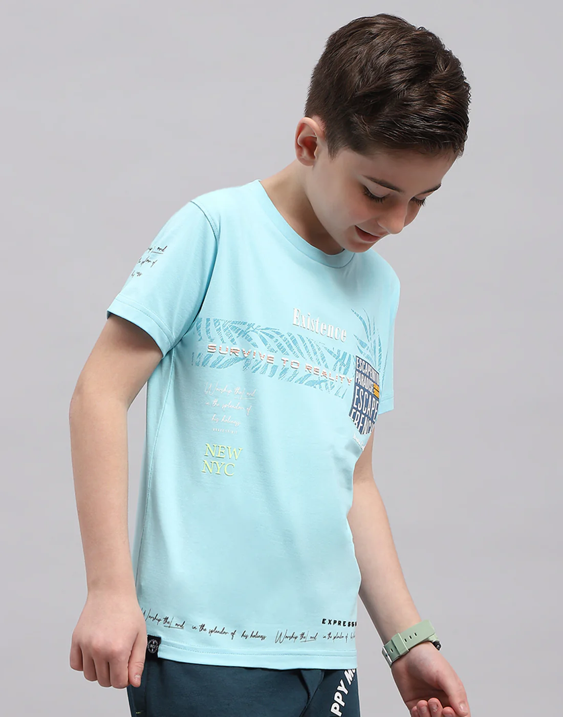 Boys Turquoise Blue Printed Round Neck Half Sleeve T-Shirt - Image 4