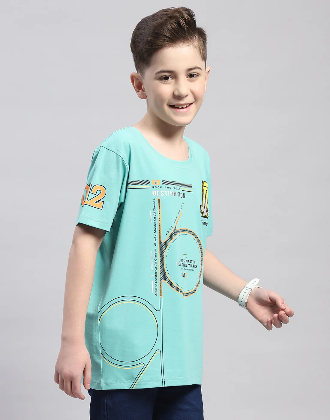 Boys Turquoise Blue Printed Round Neck Half Sleeve T-Shirt - Image 4