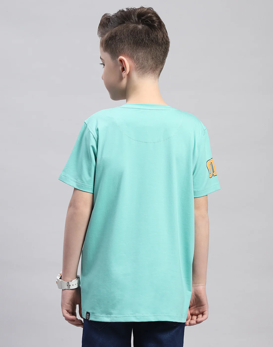 Boys Turquoise Blue Printed Round Neck Half Sleeve T-Shirt - Image 5