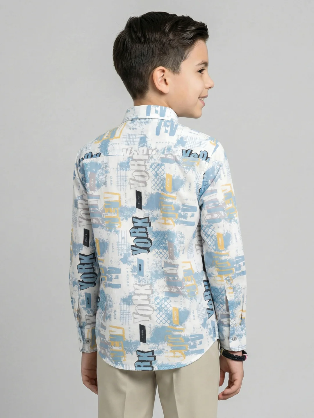 Boys White & Blue Printed Collar Full Sleeve Shirt - Image 4