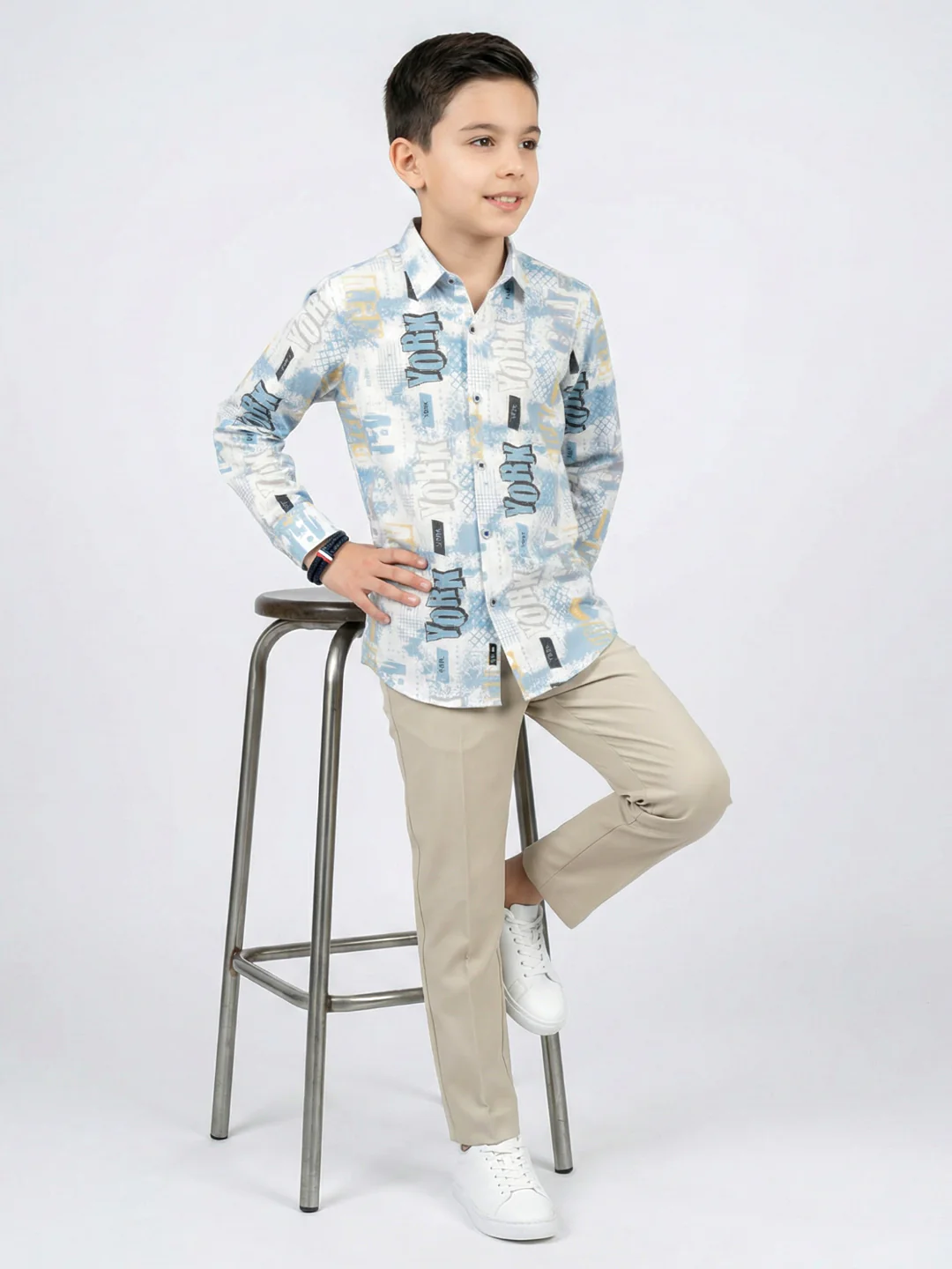 Boys White & Blue Printed Collar Full Sleeve Shirt - Image 6