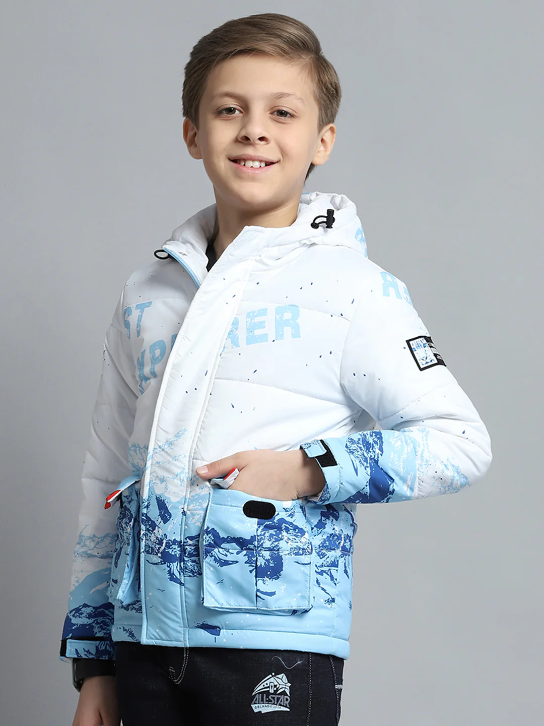 Boys White & Blue Printed Hooded Full Sleeve Jacket - Image 3