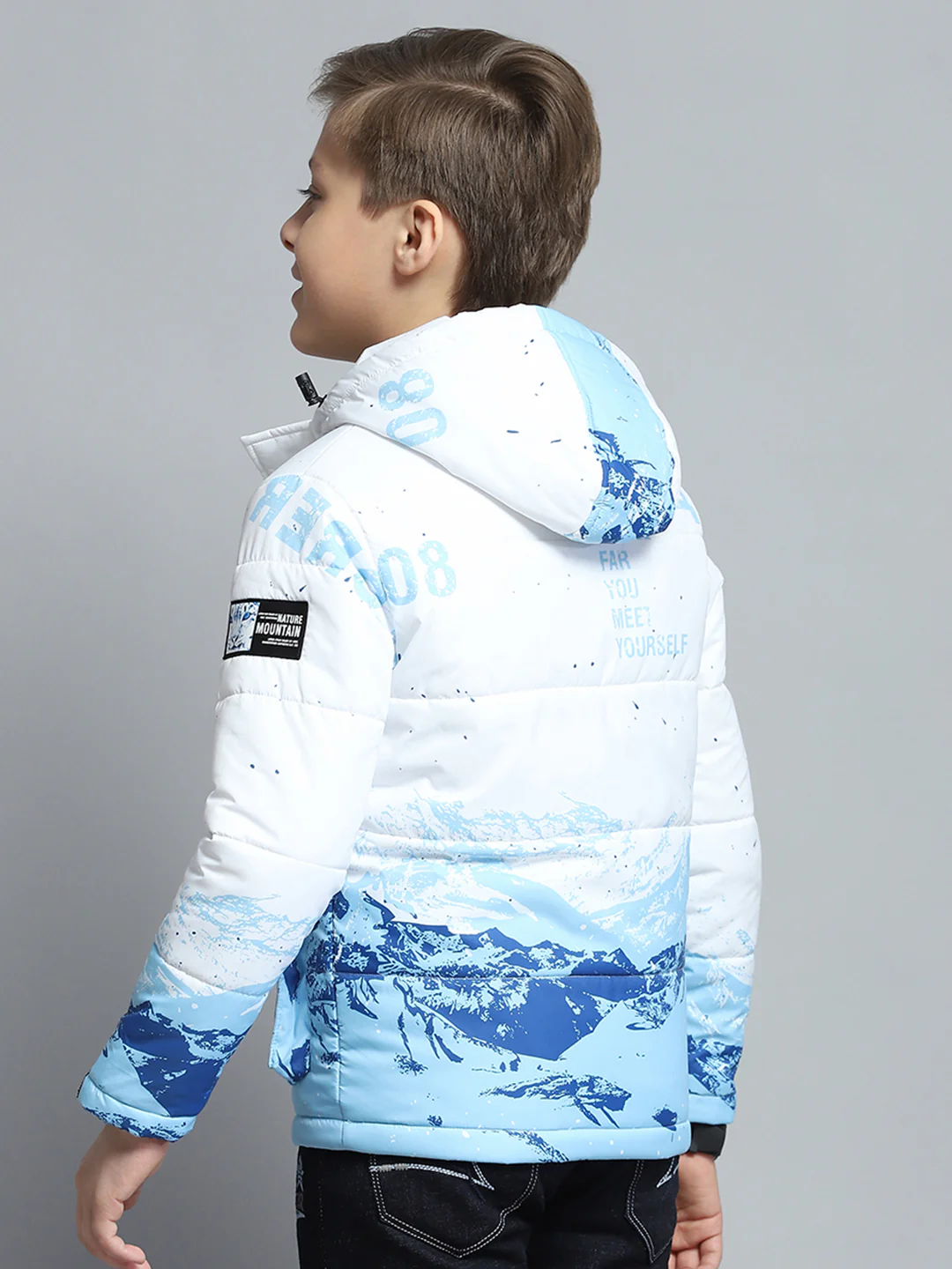 Boys White & Blue Printed Hooded Full Sleeve Jacket - Image 5