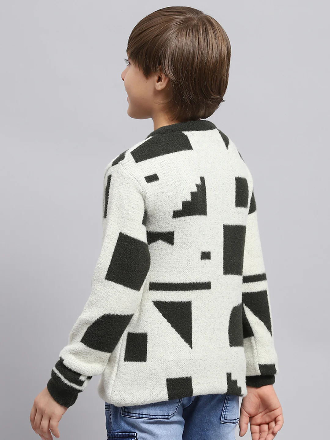 Boys White & Olive Printed Round Neck Full Sleeve Pullover - Image 5