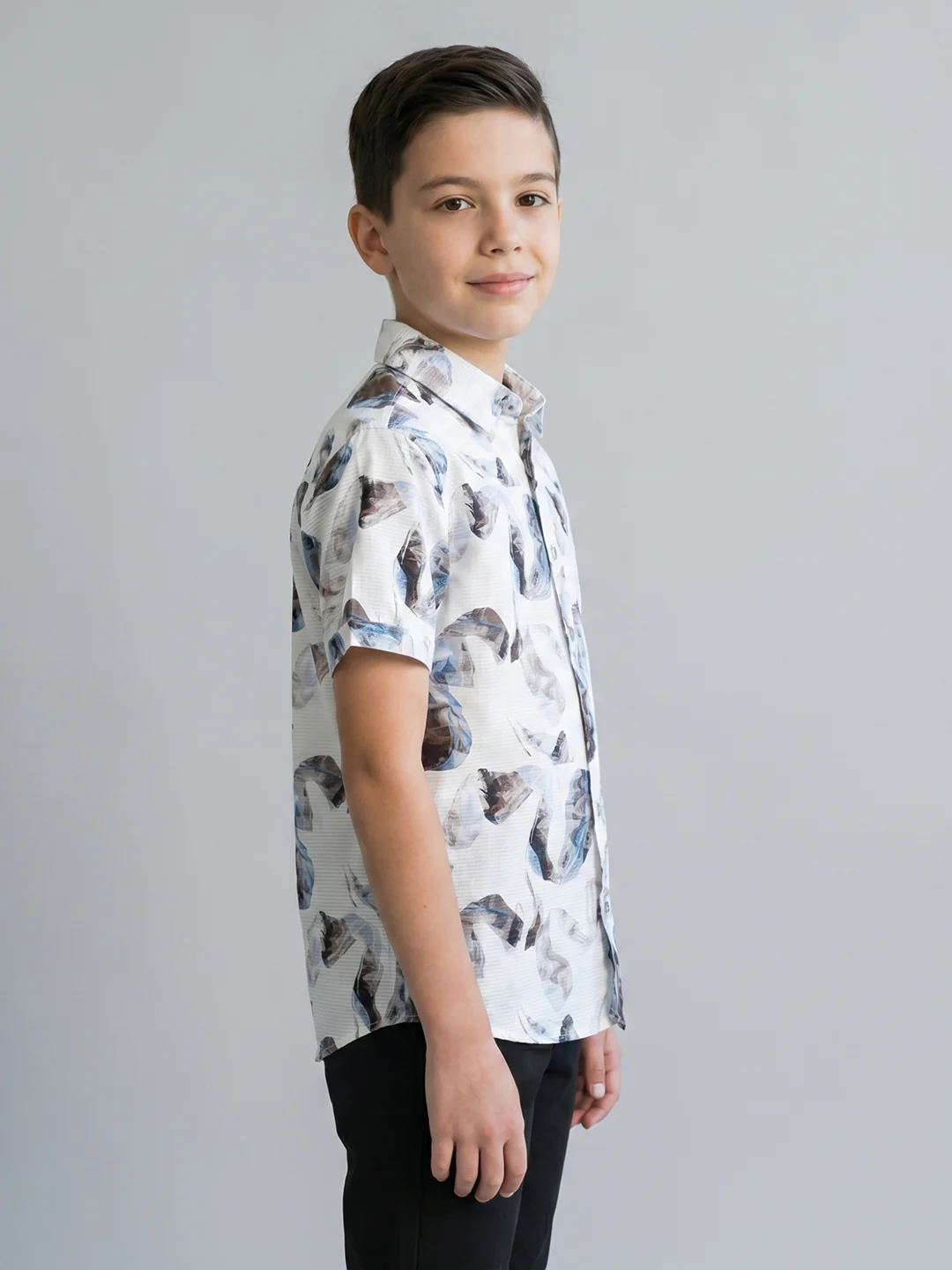Boys White Printed Collar Half Sleeve Shirt - Image 2