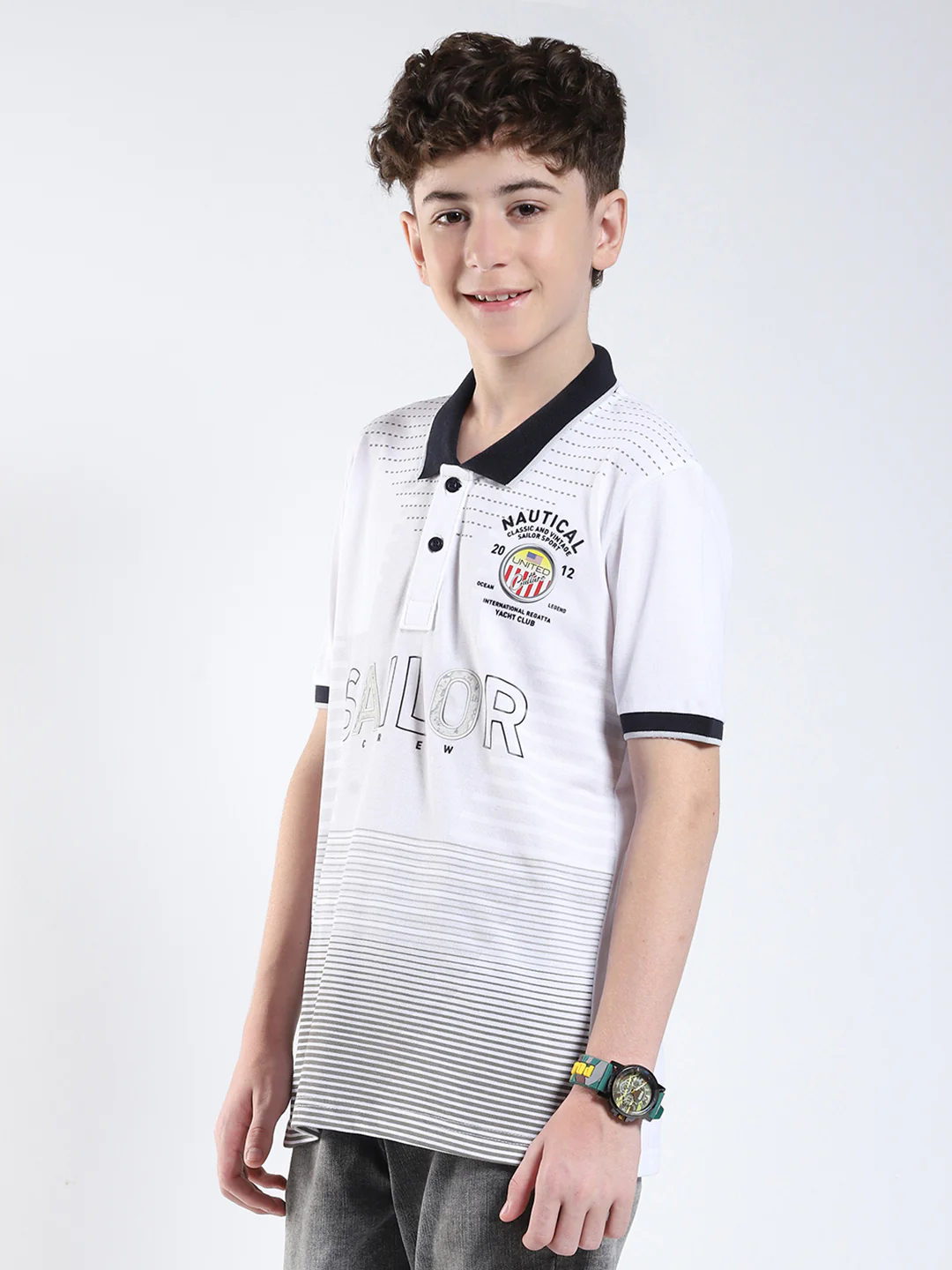 Boys White Printed Collar Half Sleeve T-Shirt - Image 3