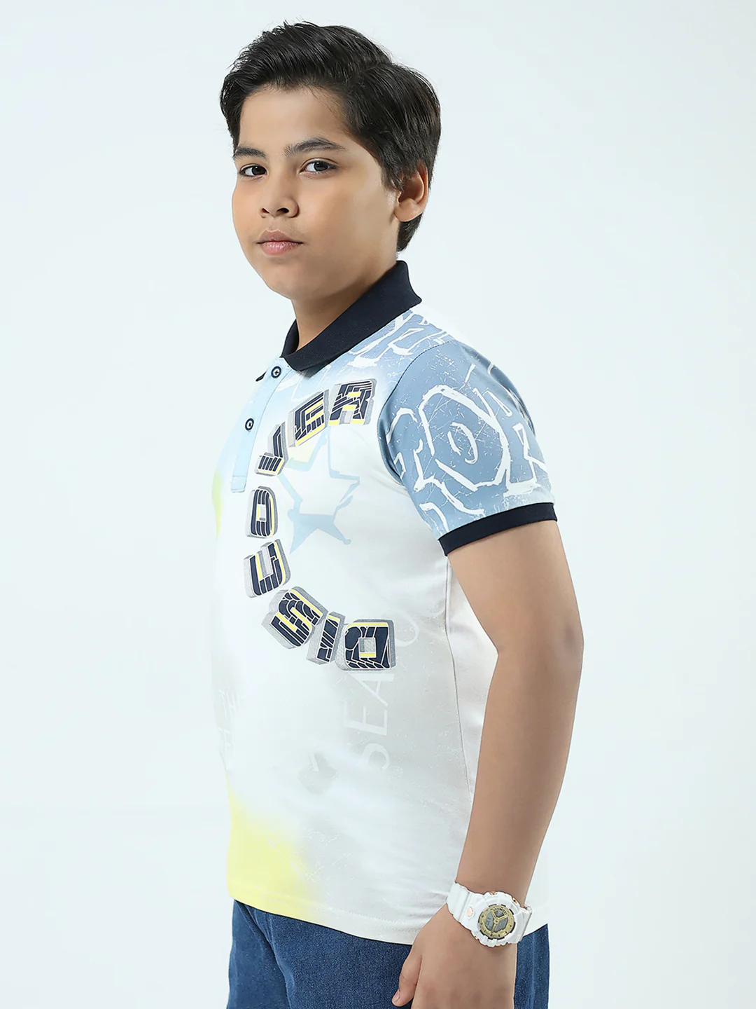 Boys White Printed Collar Half Sleeve T-Shirt - Image 3