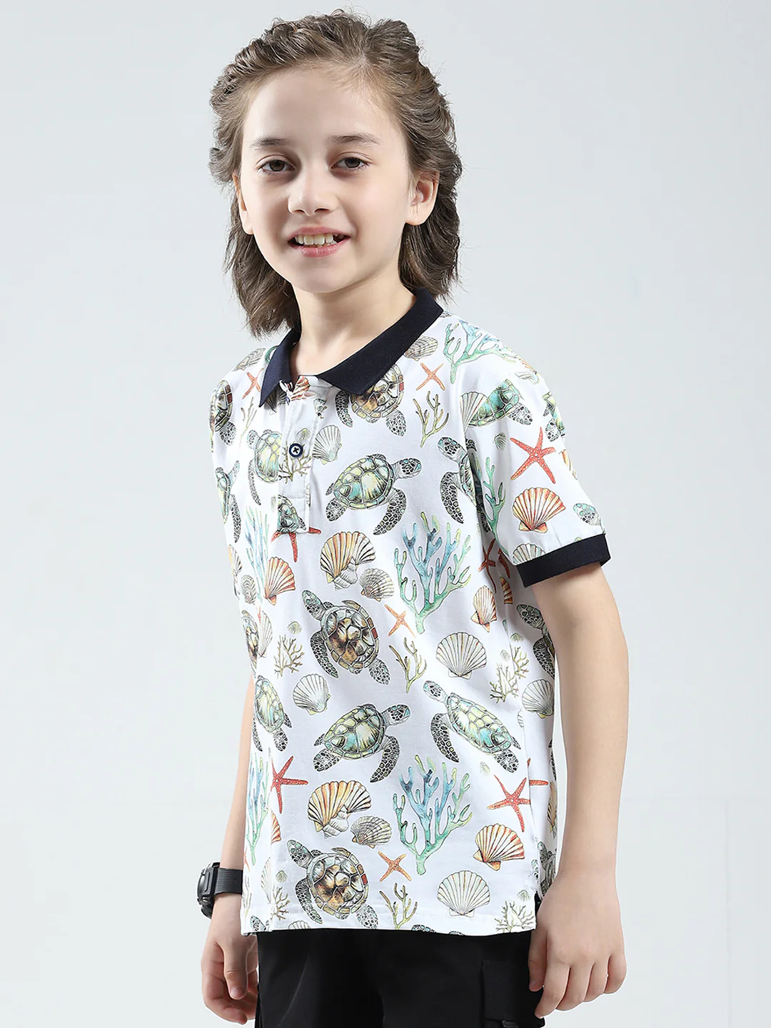 Boys White Printed Collar Half Sleeve T-Shirt - Image 3
