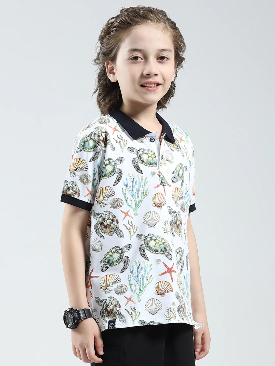 Boys White Printed Collar Half Sleeve T-Shirt - Image 4