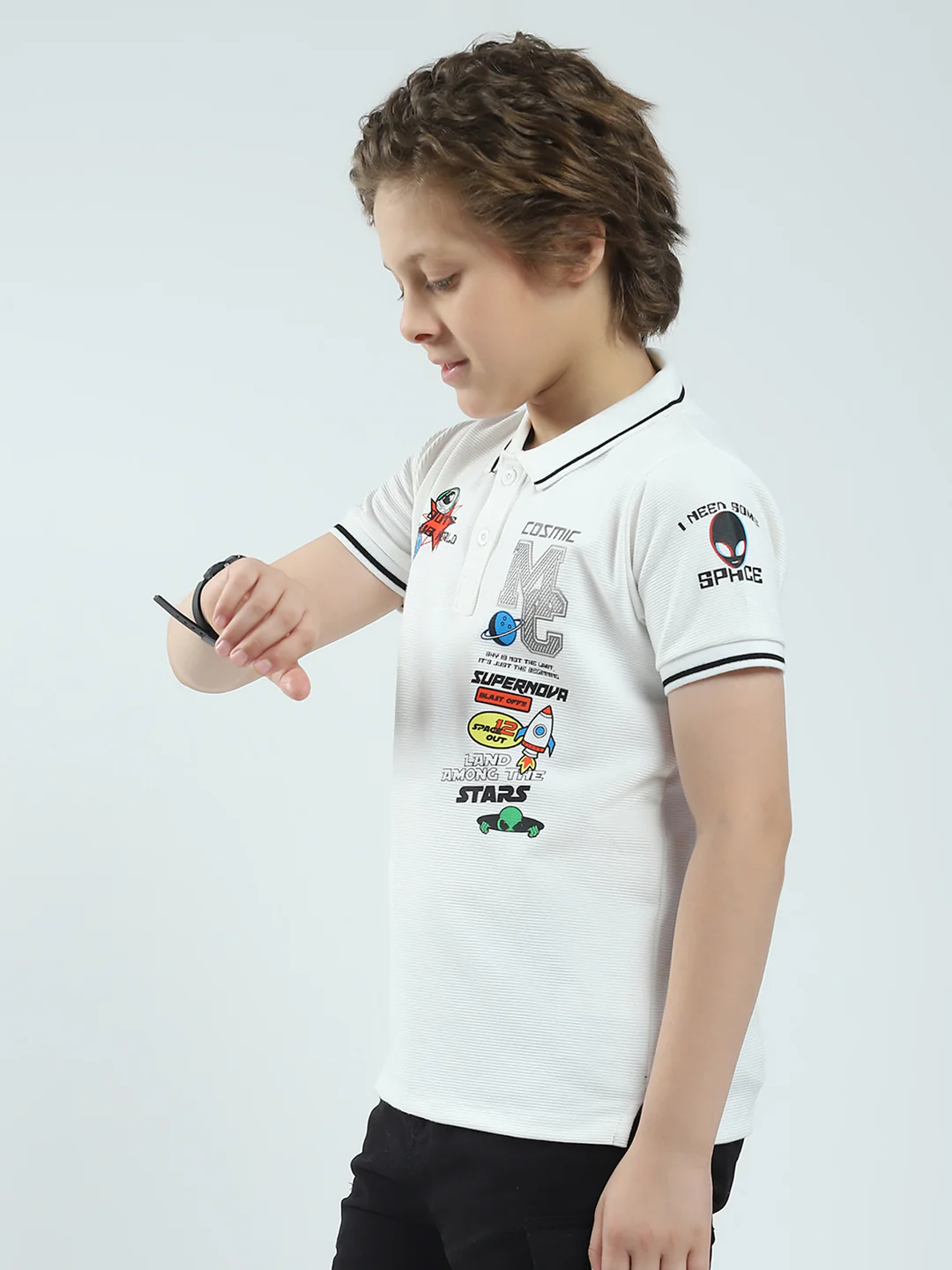 Boys White Printed Collar Half Sleeve T-Shirt - Image 3