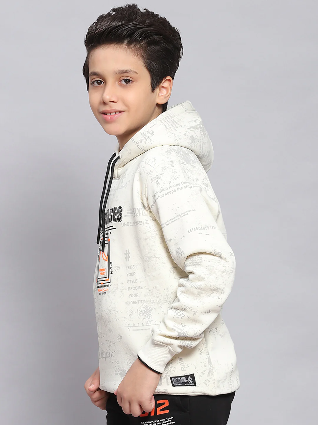 Boys White Printed Hooded Full Sleeve Sweatshirt - Image 3