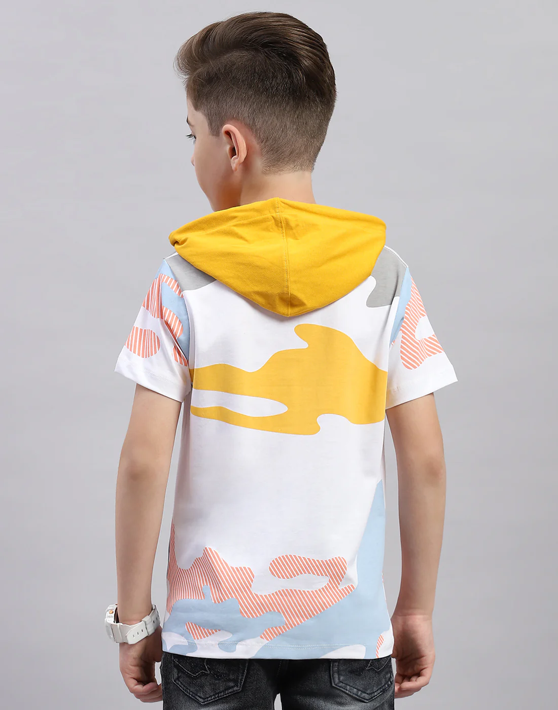 Boys White Printed Hooded Half Sleeve T-Shirt - Image 5