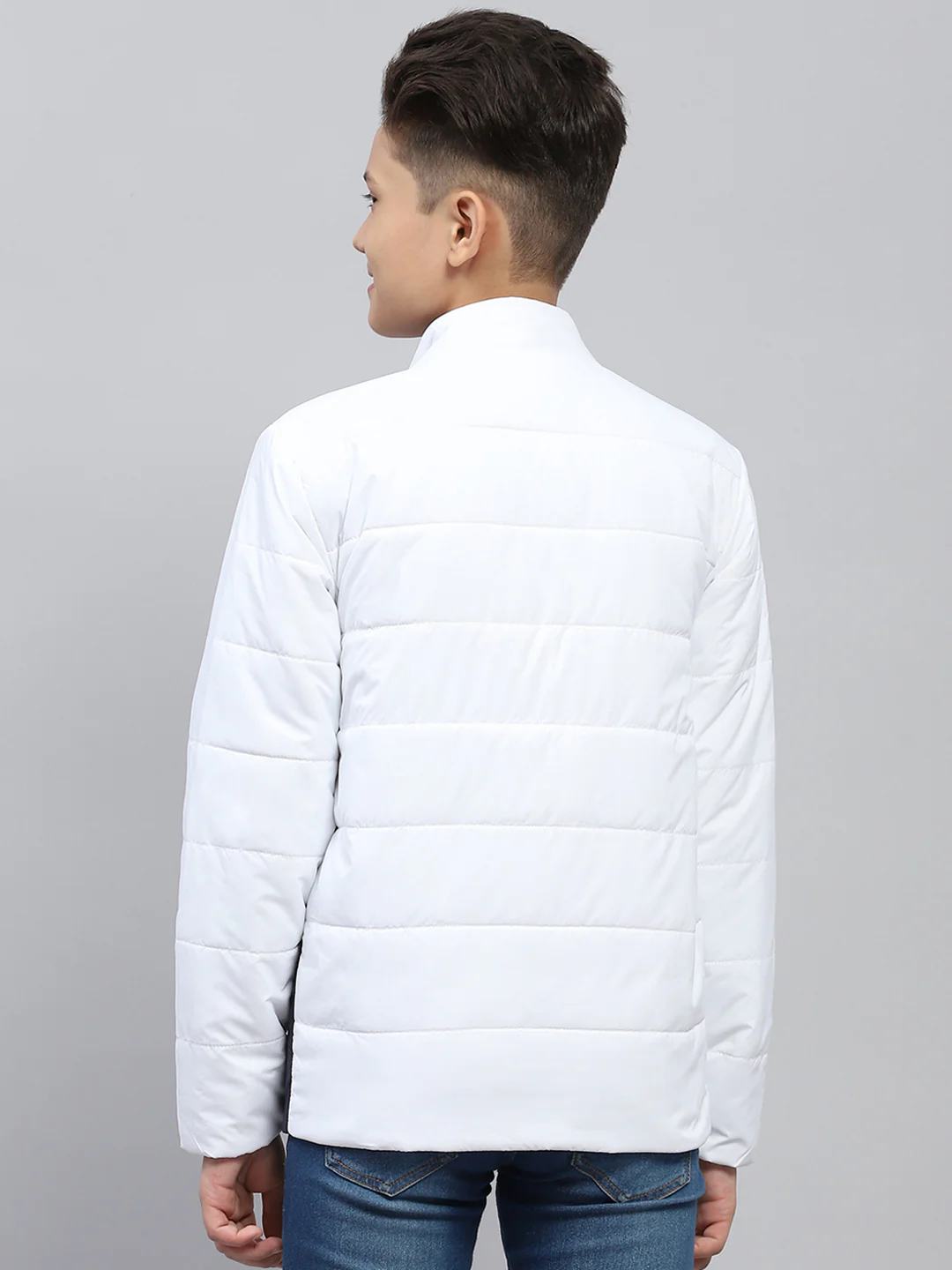 Boys White Printed Mock Neck Full Sleeve Jacket - Image 5