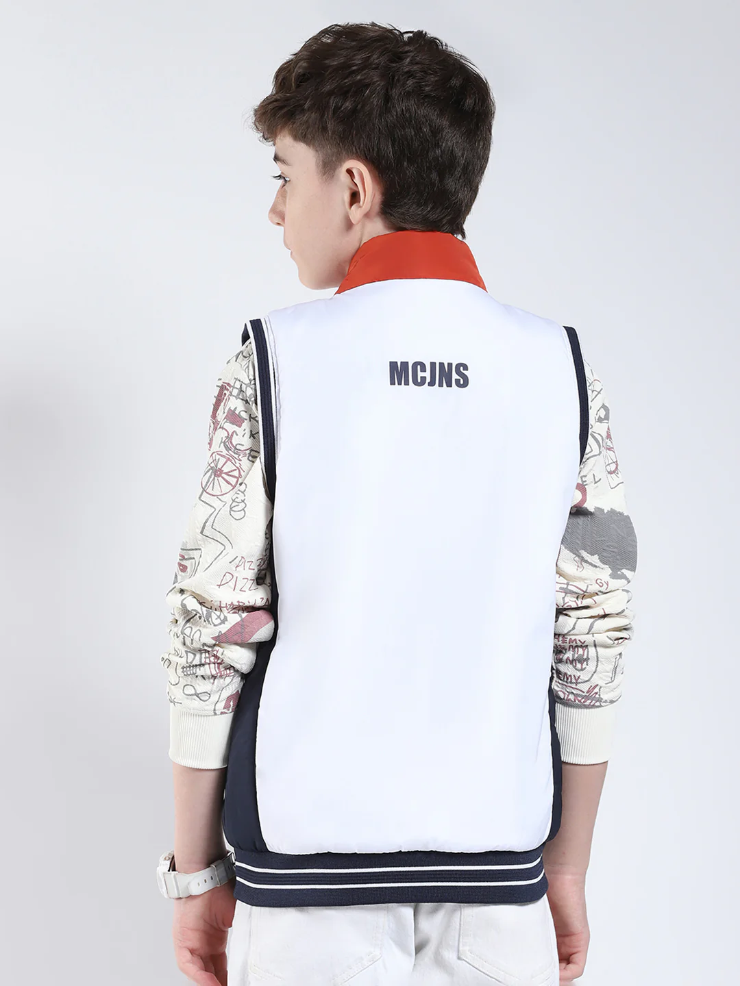 Boys White Printed Mock Neck Sleeveless Reversible Jacket - Image 5