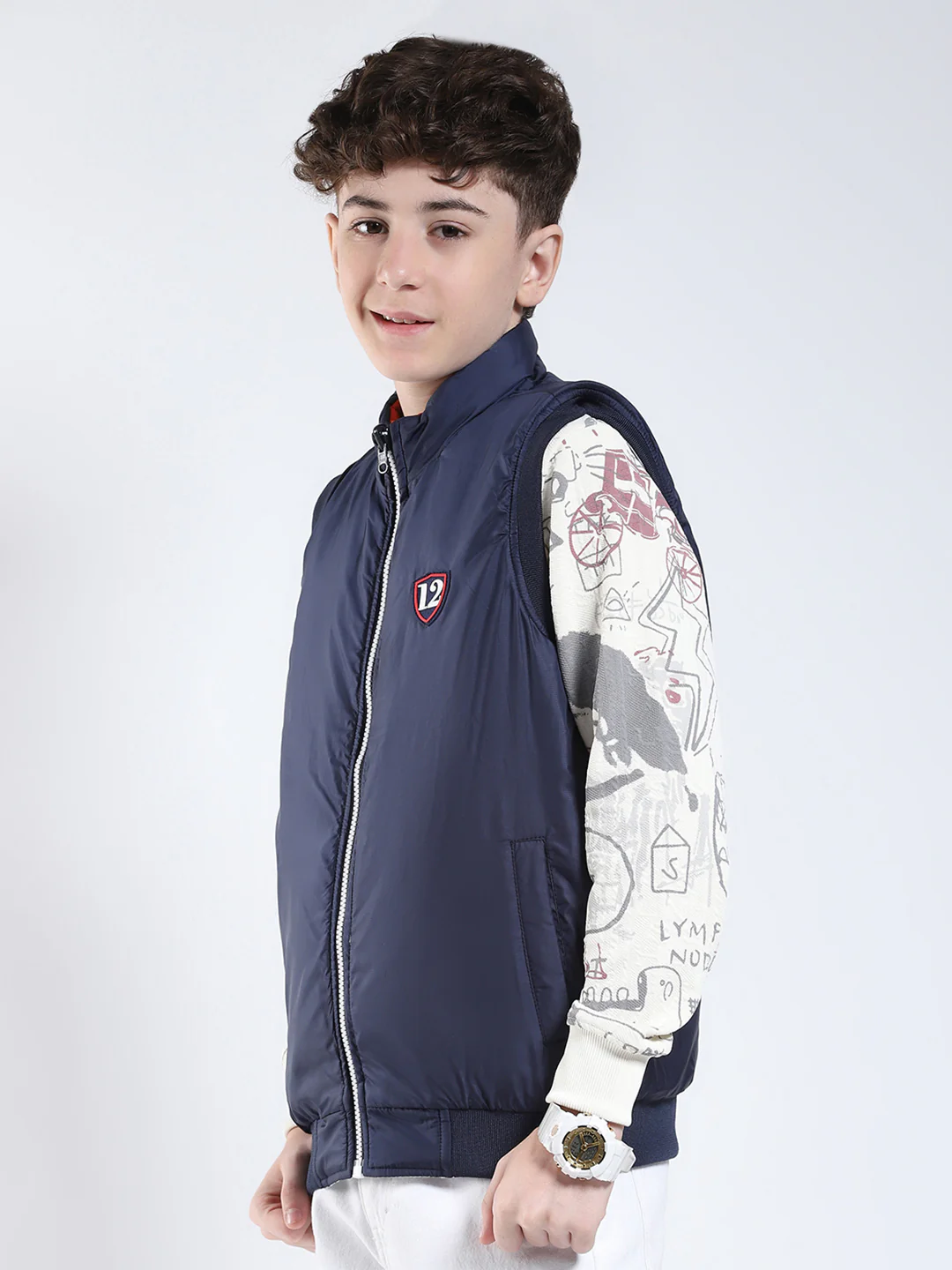 Boys White Printed Mock Neck Sleeveless Reversible Jacket - Image 8