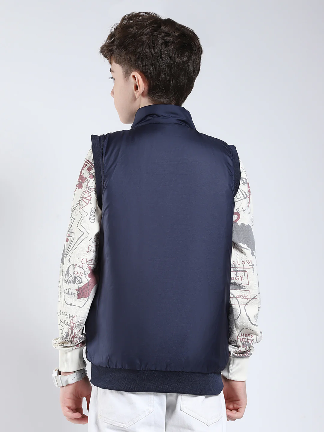 Boys White Printed Mock Neck Sleeveless Reversible Jacket - Image 9
