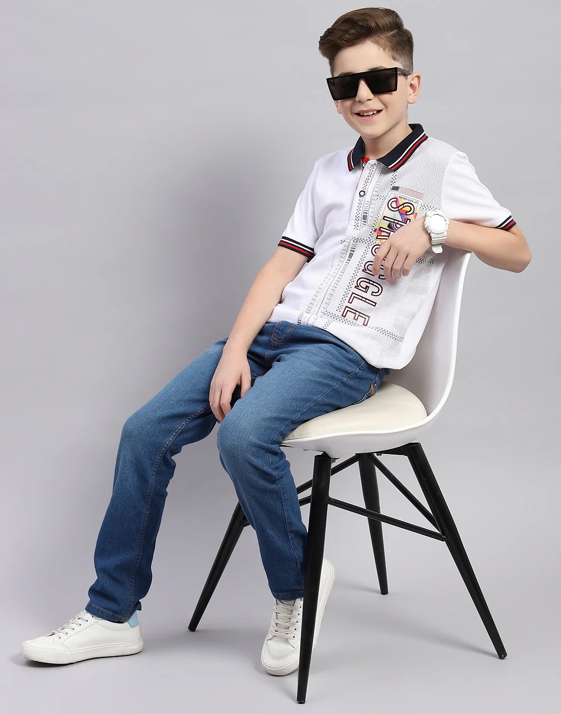 Boys White Printed Polo Collar Half Sleeve T-Shirt - Image 2