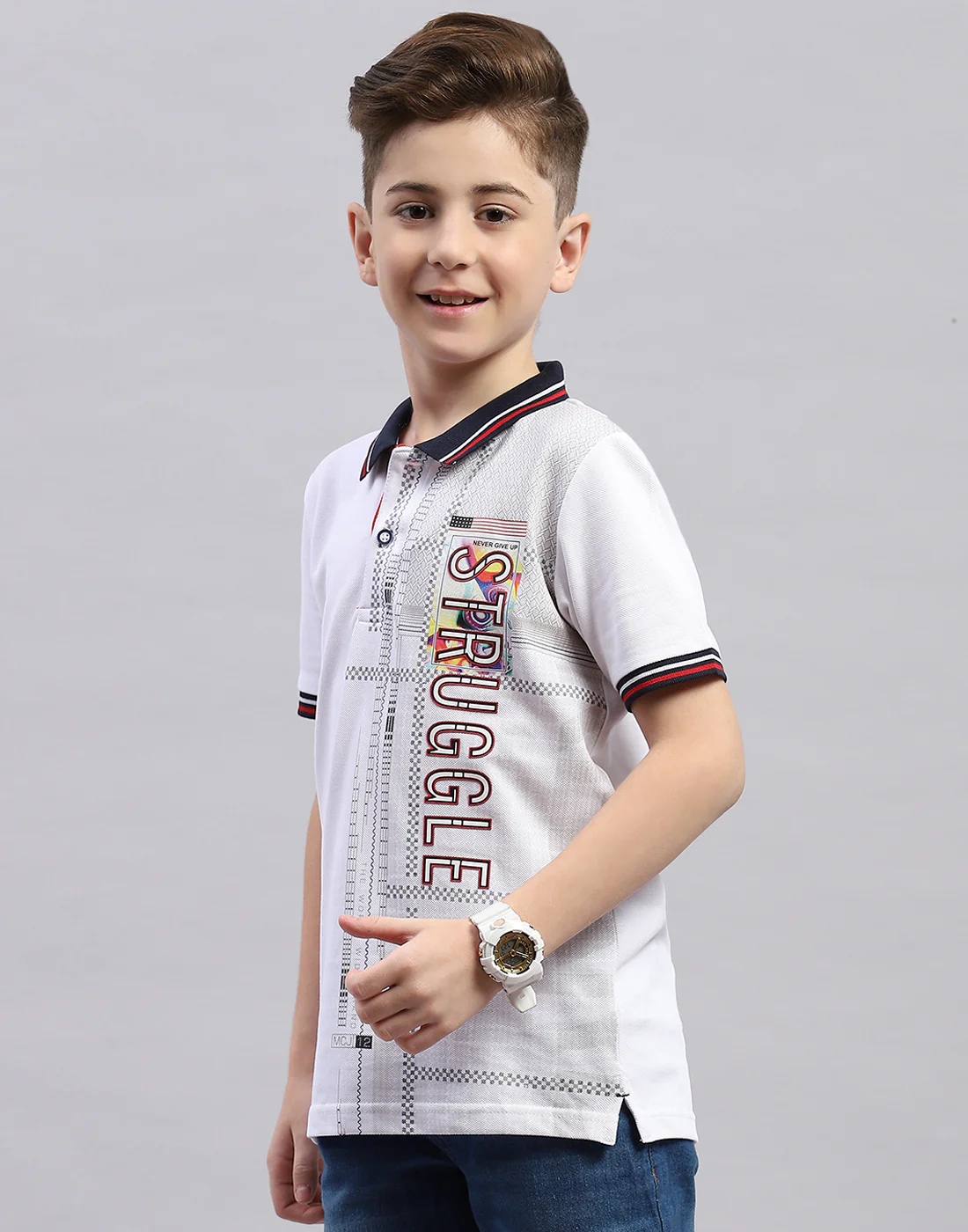 Boys White Printed Polo Collar Half Sleeve T-Shirt - Image 3