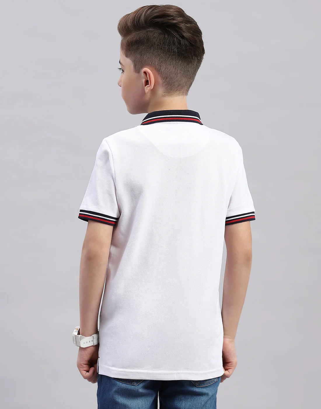 Boys White Printed Polo Collar Half Sleeve T-Shirt - Image 5