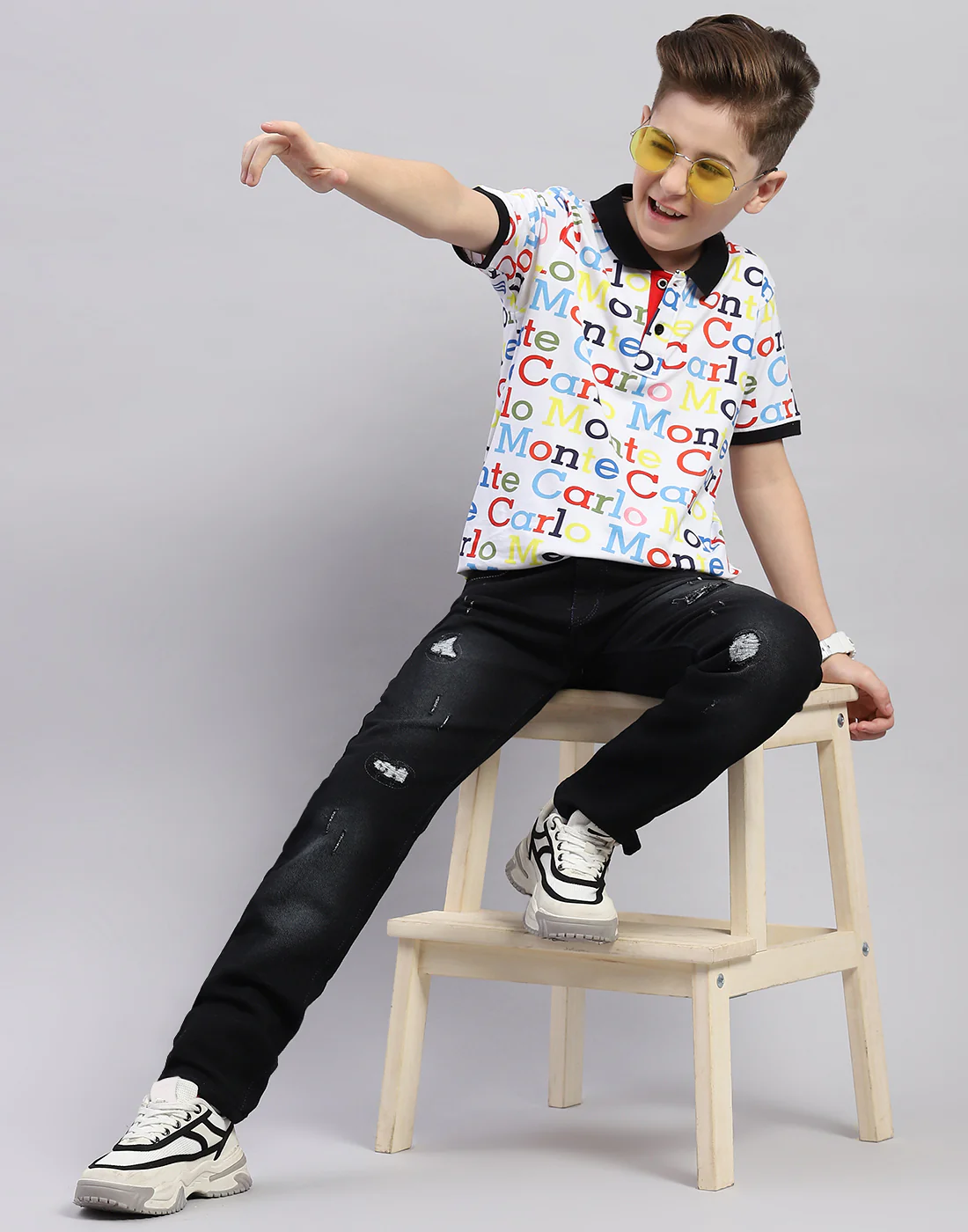 Boys White Printed Polo Collar Half Sleeve T-Shirt - Image 2