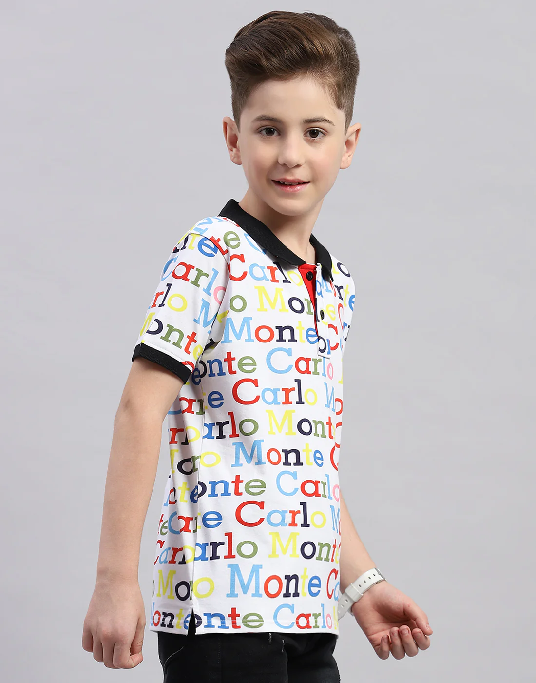 Boys White Printed Polo Collar Half Sleeve T-Shirt - Image 4