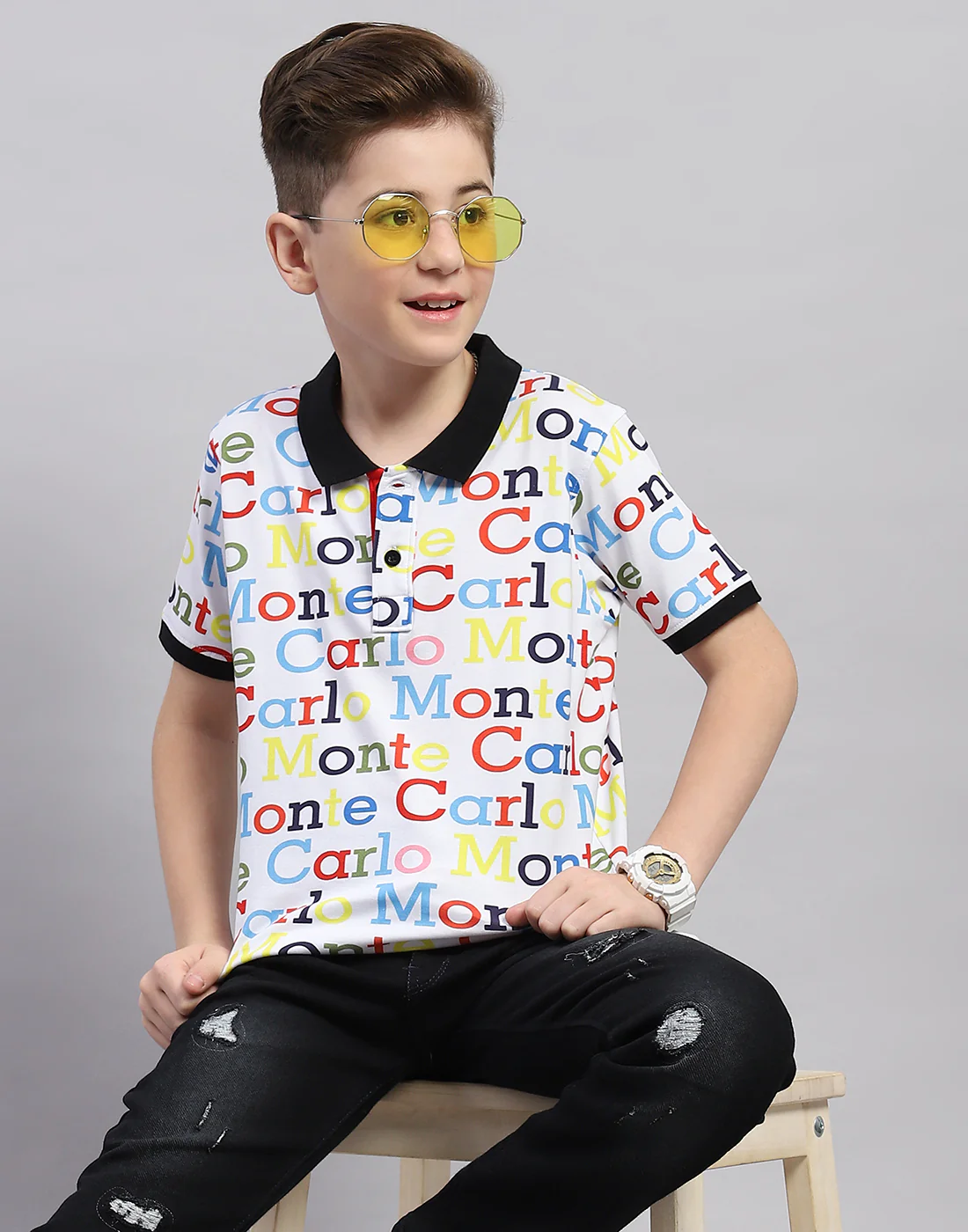 Boys White Printed Polo Collar Half Sleeve T-Shirt - Image 6
