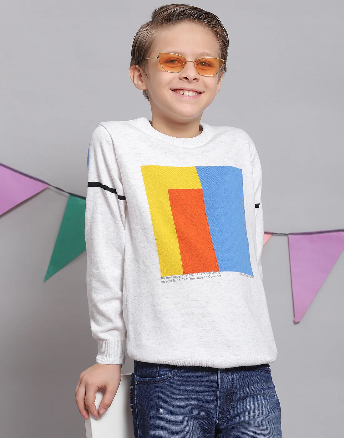 Boys White Printed Round Neck Full Sleeve Sweater - Image 2