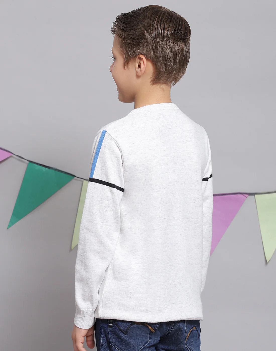 Boys White Printed Round Neck Full Sleeve Sweater - Image 6